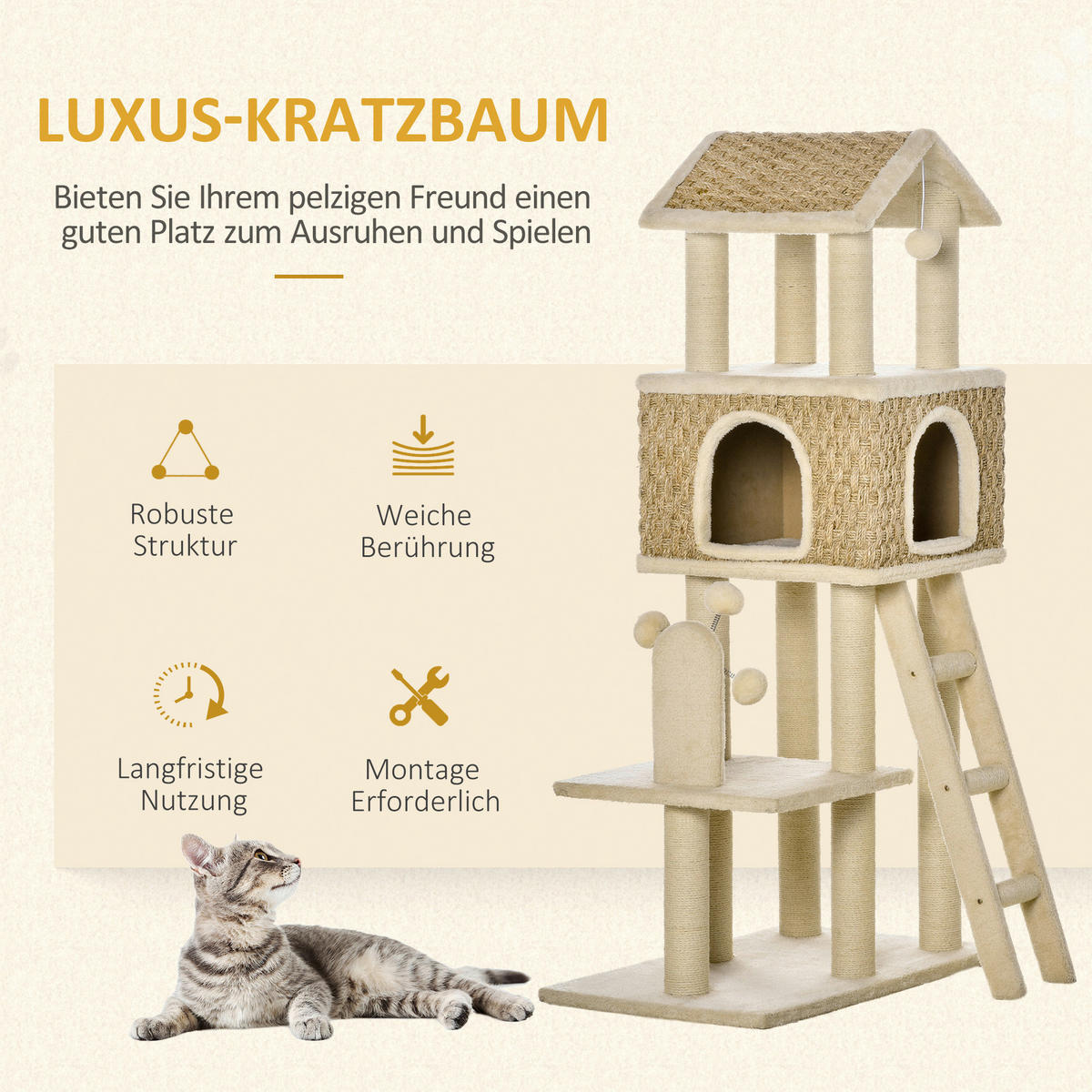 PawHut Kratzbaum beige Polyester B/H/L: ca. 40x131x69 cm Kratzbaum - beige/khaki (69,00/40,00/131,00cm) - PawHut