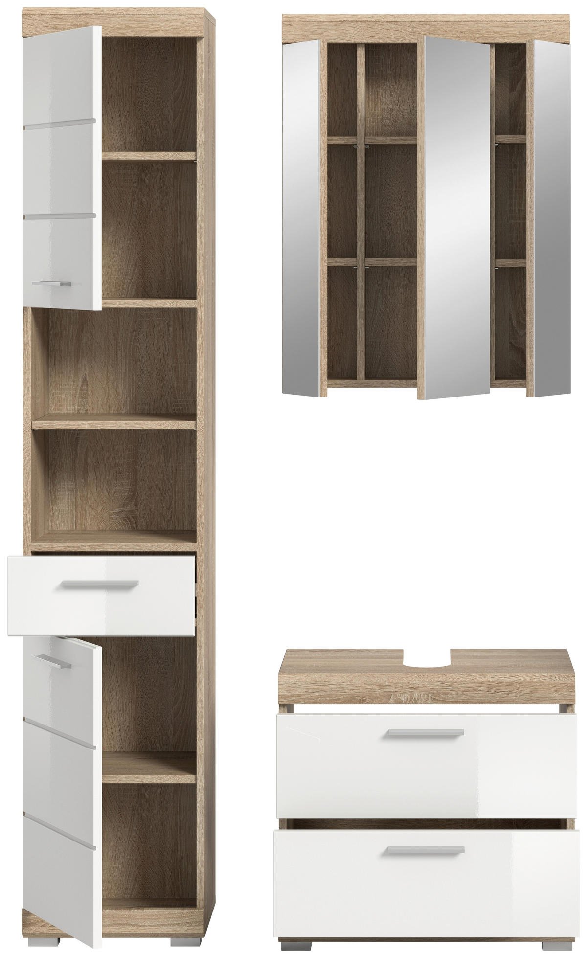 Badezimmer-Set Lambada Eiche Sonoma Nachbildung weiß Hochglanz B/H/T: ca. 112x191x37 cm Lambada - Eiche/weiß (112,00/191,00/37,00cm) - xonox.home