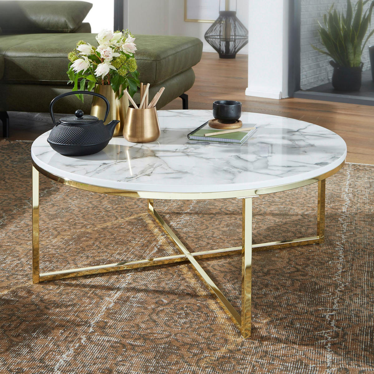Couchtisch weiß Marmor Optik gold B/H/T: ca. 80x35x80 cm Couchtisch - gold/weiß (80,00/35,00/80,00cm) - Wohnling