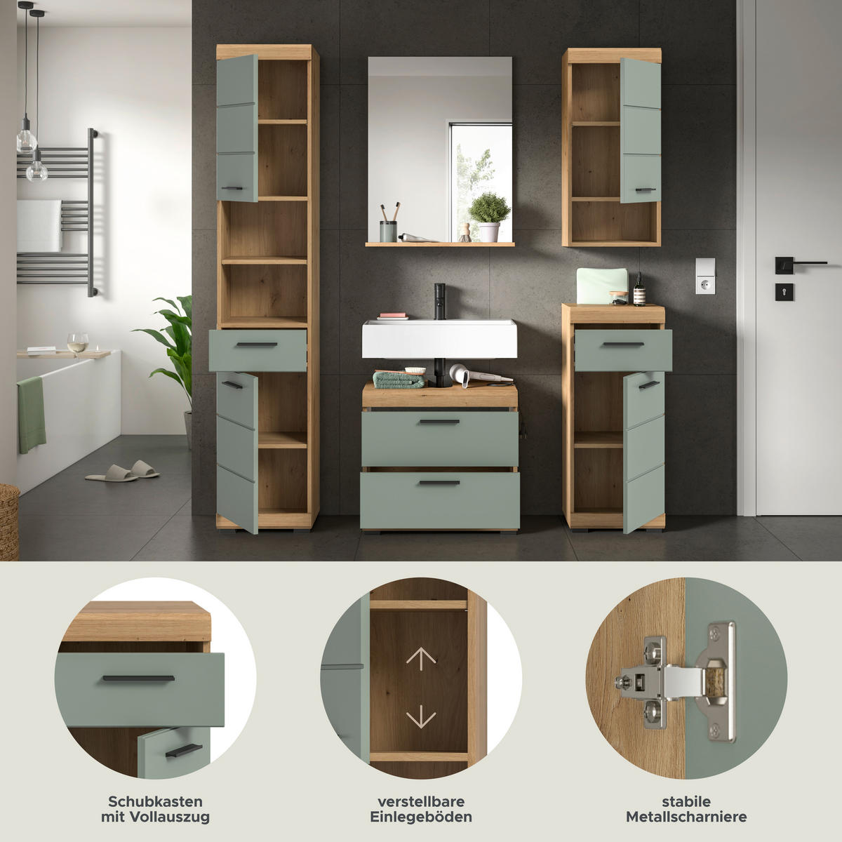 Badezimmer-Set Scout Eiche Artisan Nachbildung salbei Nachbildung B/H/T: ca. 164x191x37 cm Scout - Eiche/salbei (164,00/191,00/37,00cm) - xonox.home