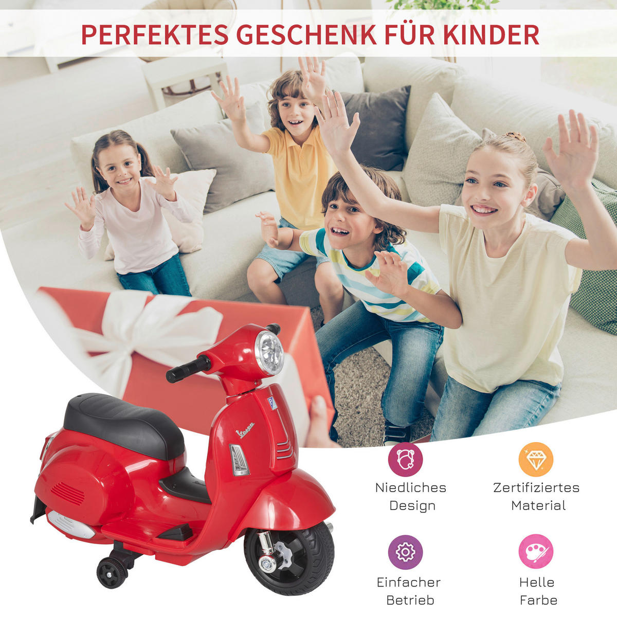 HOMCOM Elektrisches-Kindermofa rot B/H/L: ca. 38x52x66,5 cm Elektrisches-Kindermofa - rot (66,50/38,00/52,00cm) - HOMCOM