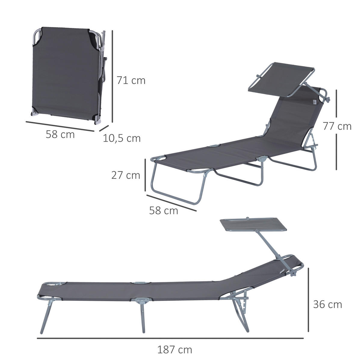 Outsunny Sonnenliege grau Metall B/H/L: ca. 58x36x187 cm Sonnenliege - grau (187,00/58,00/36,00cm) - Outsunny