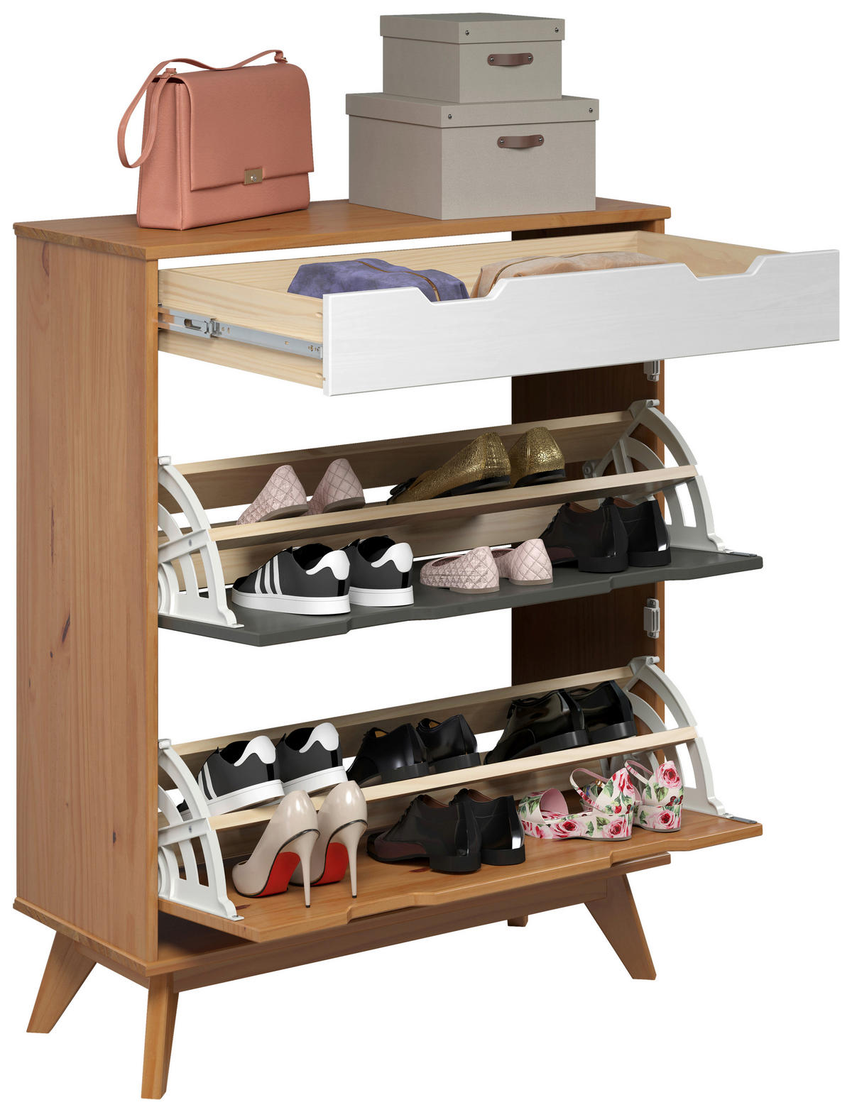 Schuhkipper Scandik kiefer Honig lackiert Optik weiß grau B/H/T: ca. 80x102x33 cm Scandik - kiefer/weiß, Honig (80,00/102,00/33,00cm)