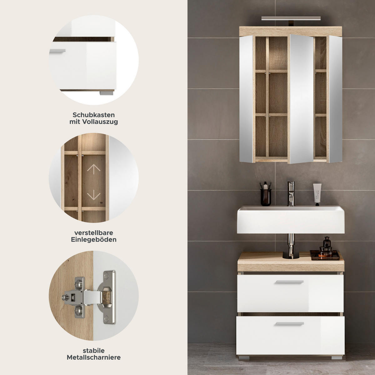 Badezimmer-Set Lambada Eiche Sonoma Nachbildung weiß Hochglanz B/H/T: ca. 60x191x37 cm Lambada - Eiche/weiß (60,00/191,00/37,00cm) - xonox.home