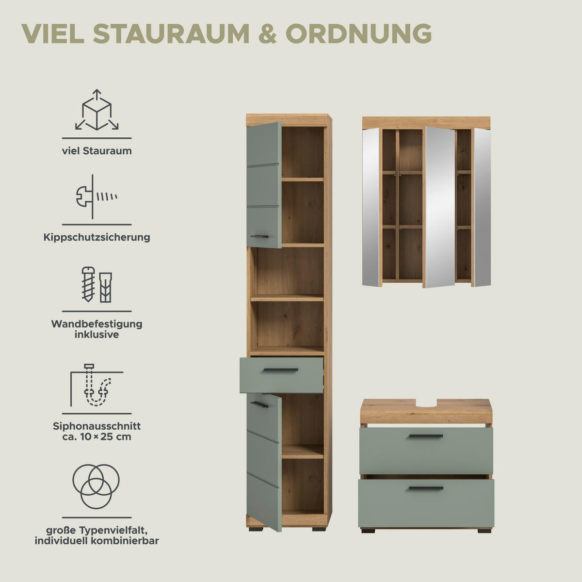Badezimmer-Set Scout Eiche Artisan Nachbildung salbei Nachbildung B/H/T: ca. 112x191x37 cm Scout - Eiche/salbei (112,00/191,00/37,00cm) - xonox.home