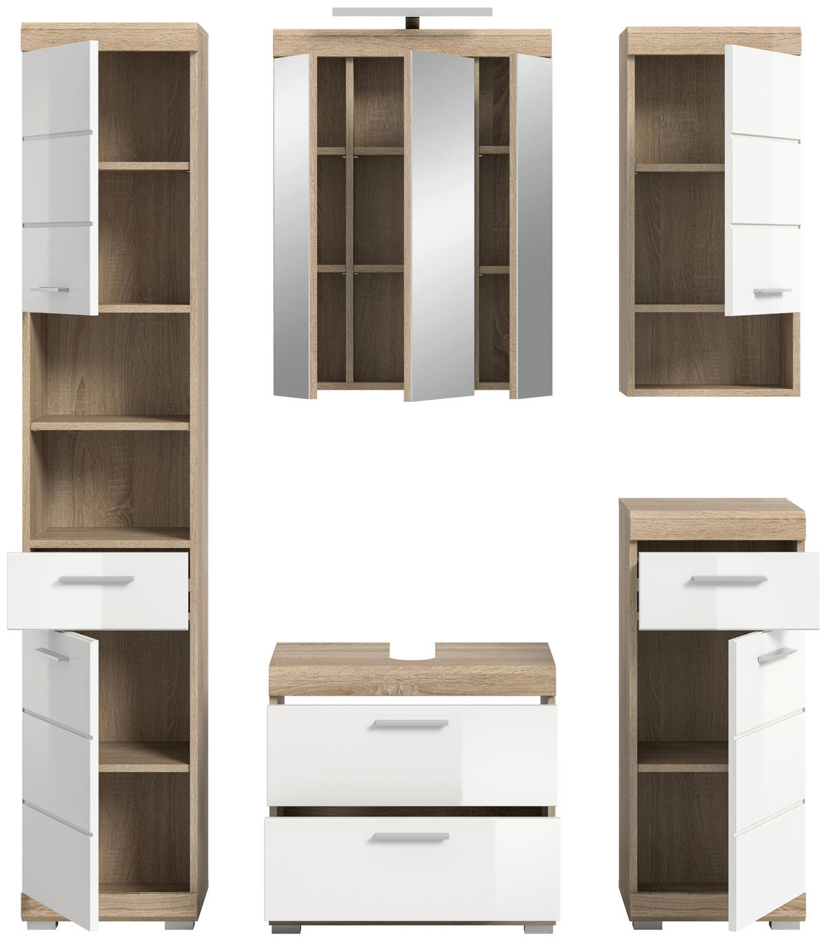 Badezimmer-Set Lambada Eiche Sonoma Nachbildung weiß Hochglanz B/H/T: ca. 164x191x37 cm Lambada - Eiche/weiß (164,00/191,00/37,00cm) - xonox.home