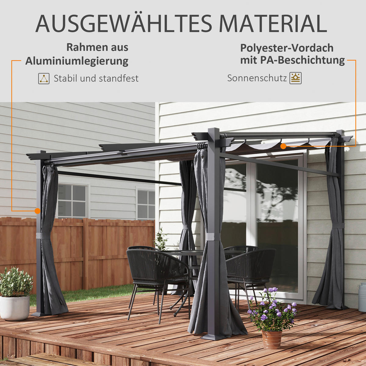 Outsunny Pergola mit Sonnendach grau Polyester B/H/L: ca. 295x230x297 cm Pergola_mit_Sonnendach - grau (297,00/295,00/230,00cm) - Outsunny
