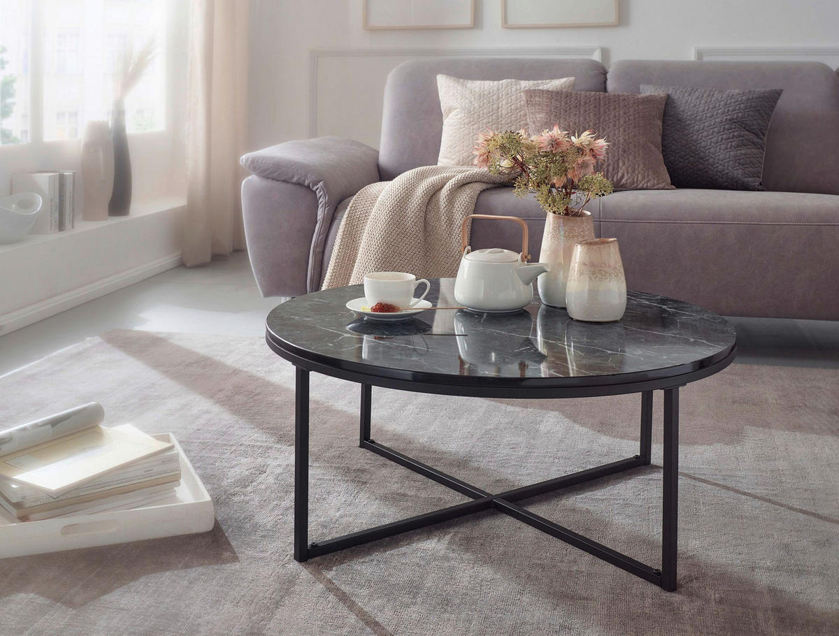 Wohnling Couchtisch schwarz Marmor schwarz MDF Stahl B/H/T: ca. 80x35x80 cm Couchtisch - schwarz (80,00/35,00/80,00cm) - Wohnling