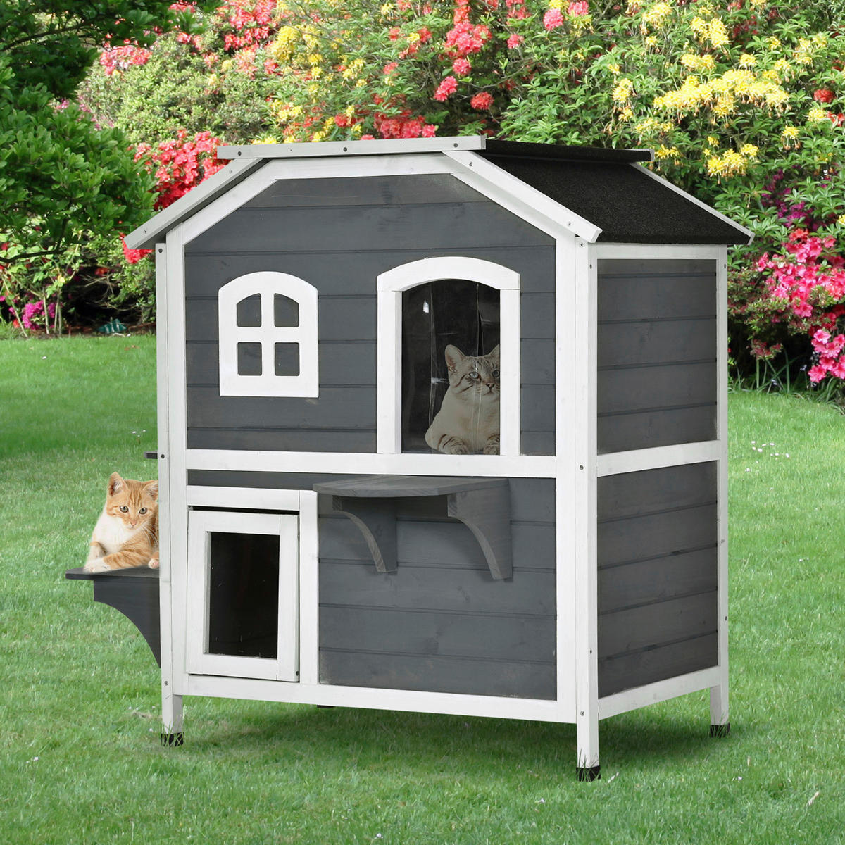 PawHut Katzenhaus grau Holz B/H/L: ca. 56x91x78 cm Katzenhaus - weiß/grau (78,00/56,00/91,00cm) - PawHut