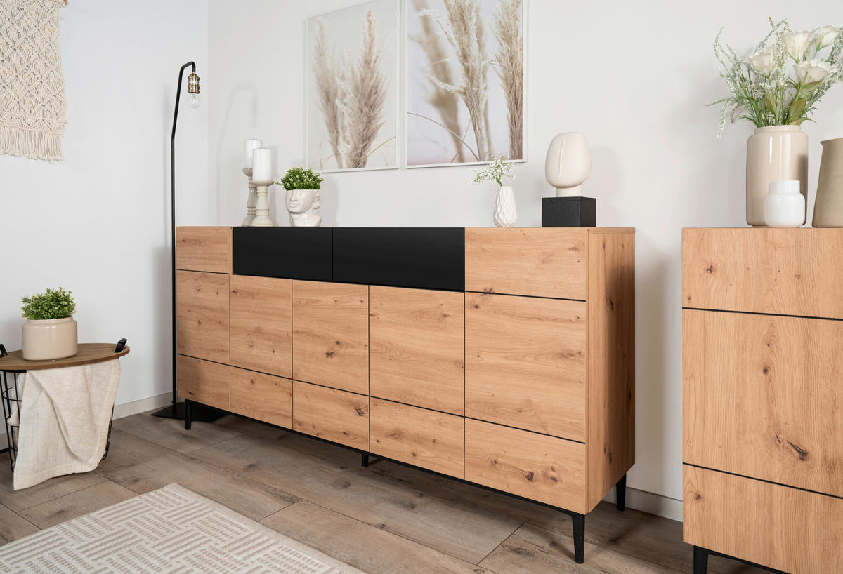 Sideboard Nola Eiche Artisan Nachbildung schwarz B/H/T: ca. 180x90x42 cm Nola - Eiche/schwarz (180,00/90,00/42,00cm)
