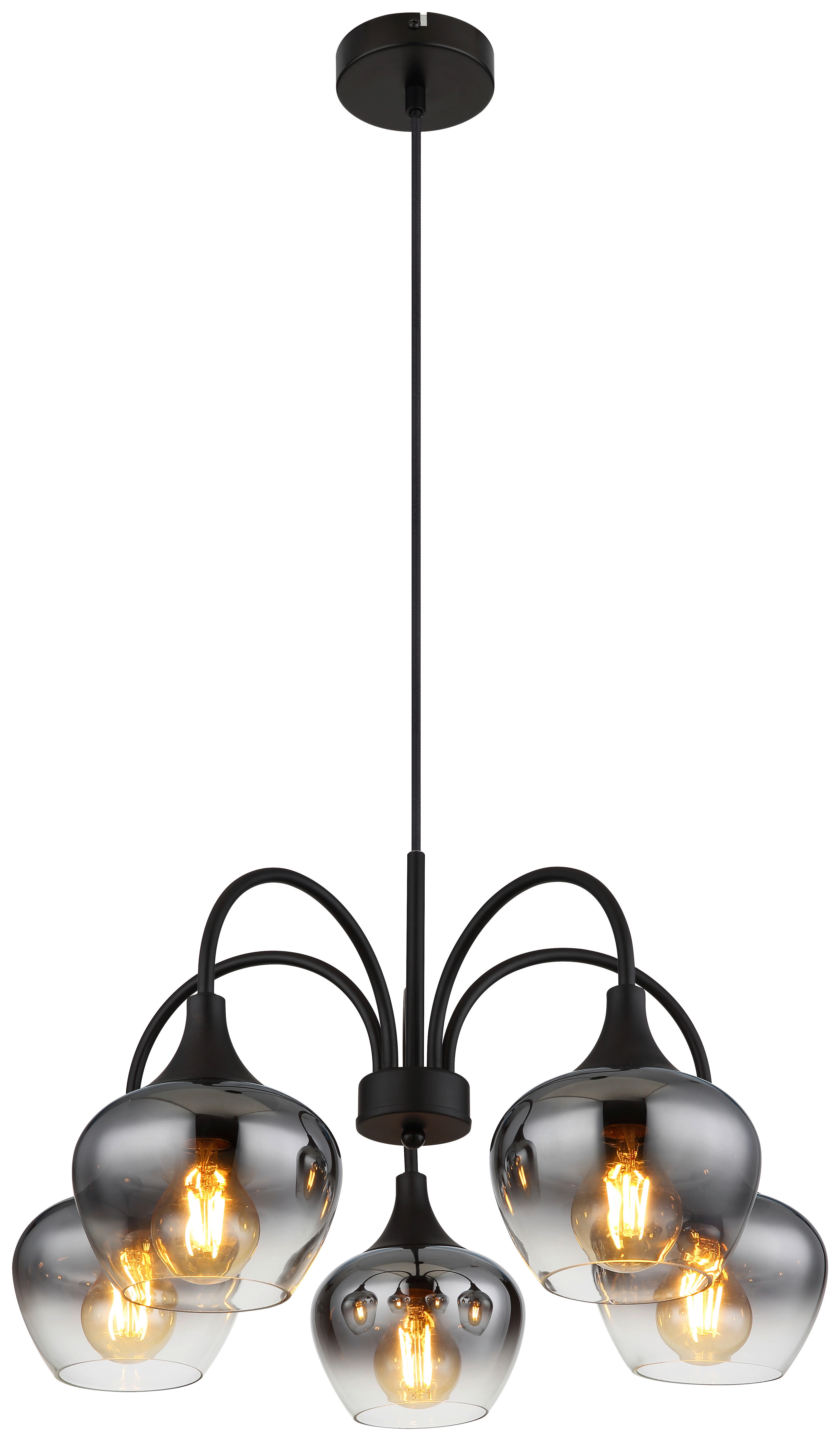 GLOBO Pendelleuchte schwarz transparent Rauch Metall Glas H/D: ca. 120x55 cm E27 5 Brennstellen MAXY - schwarz/Rauch (55,00/120,00cm) - GLOBO