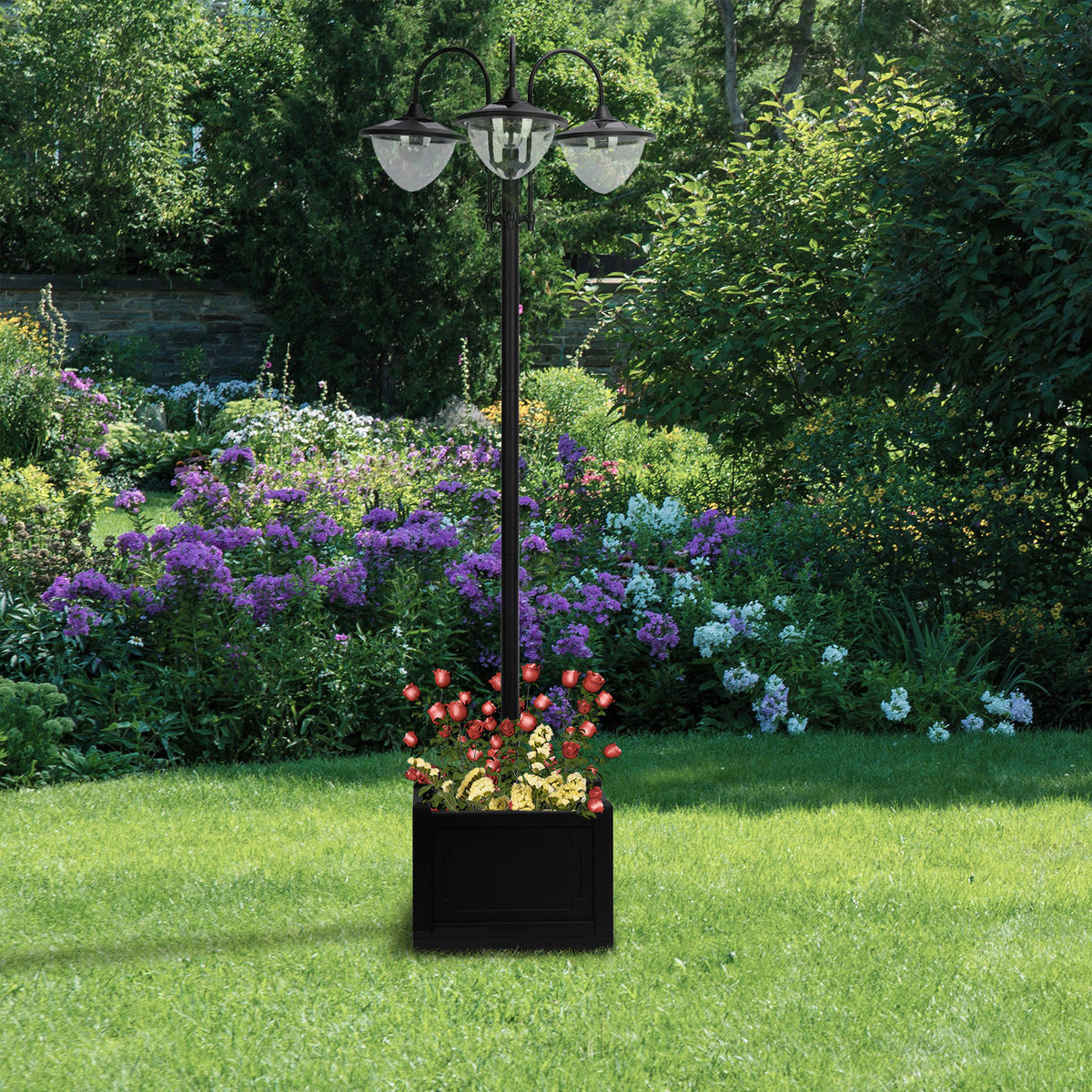 Solarlaterne mit Blumentopf schwarz Aluminium Edelstahl Polypropylen B/H/L: ca. 55x189x60 cm Solarlaterne_mit_Blumentopf - schwarz (60,00/55,00/189,00cm) - Outsunny