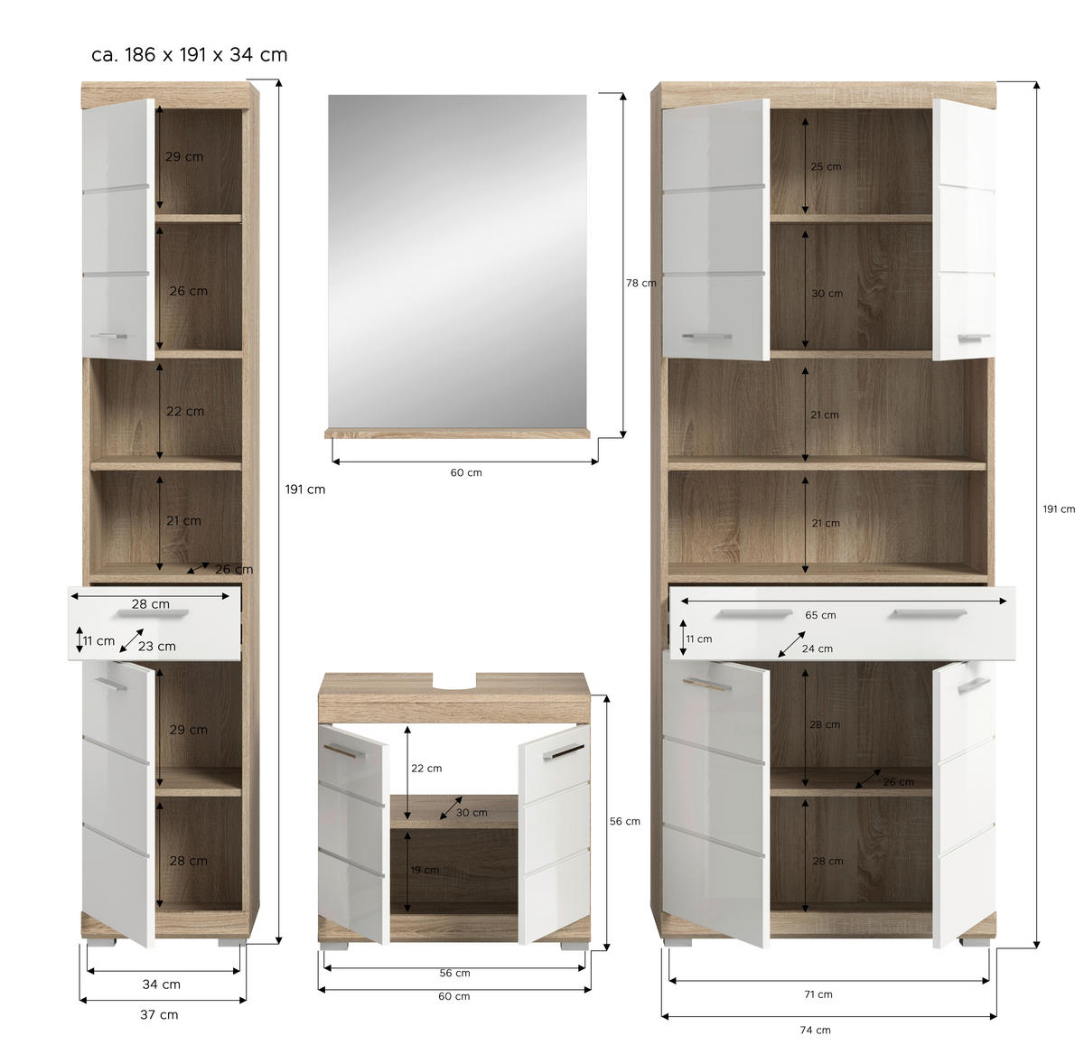 Badezimmer-Set Lambada Eiche Sonoma Nachbildung weiß Hochglanz B/H/T: ca. 186x191x34 cm Lambada - Eiche/weiß (186,00/191,00/34,00cm) - xonox.home