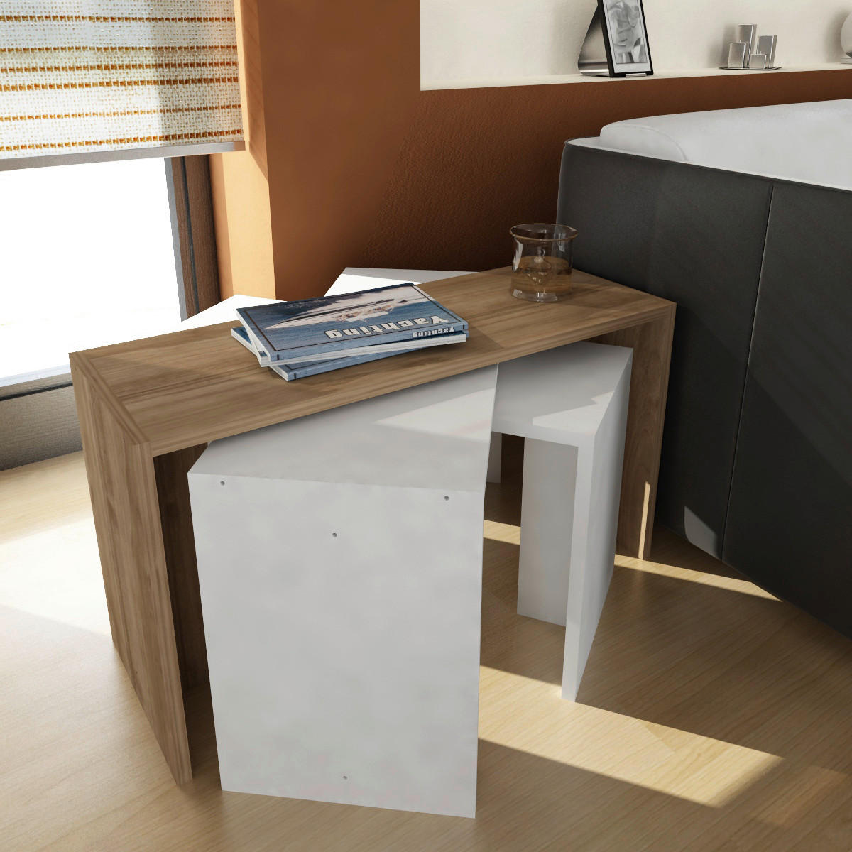 Beistelltisch 3er-Set. Cango weiß walnuss Nachbildung Spanplatte B/H/T: ca. 80x45x30 cm 3er-Set. Cango - weiß/walnuss (80,00/45,00/30,00cm) - moebel17