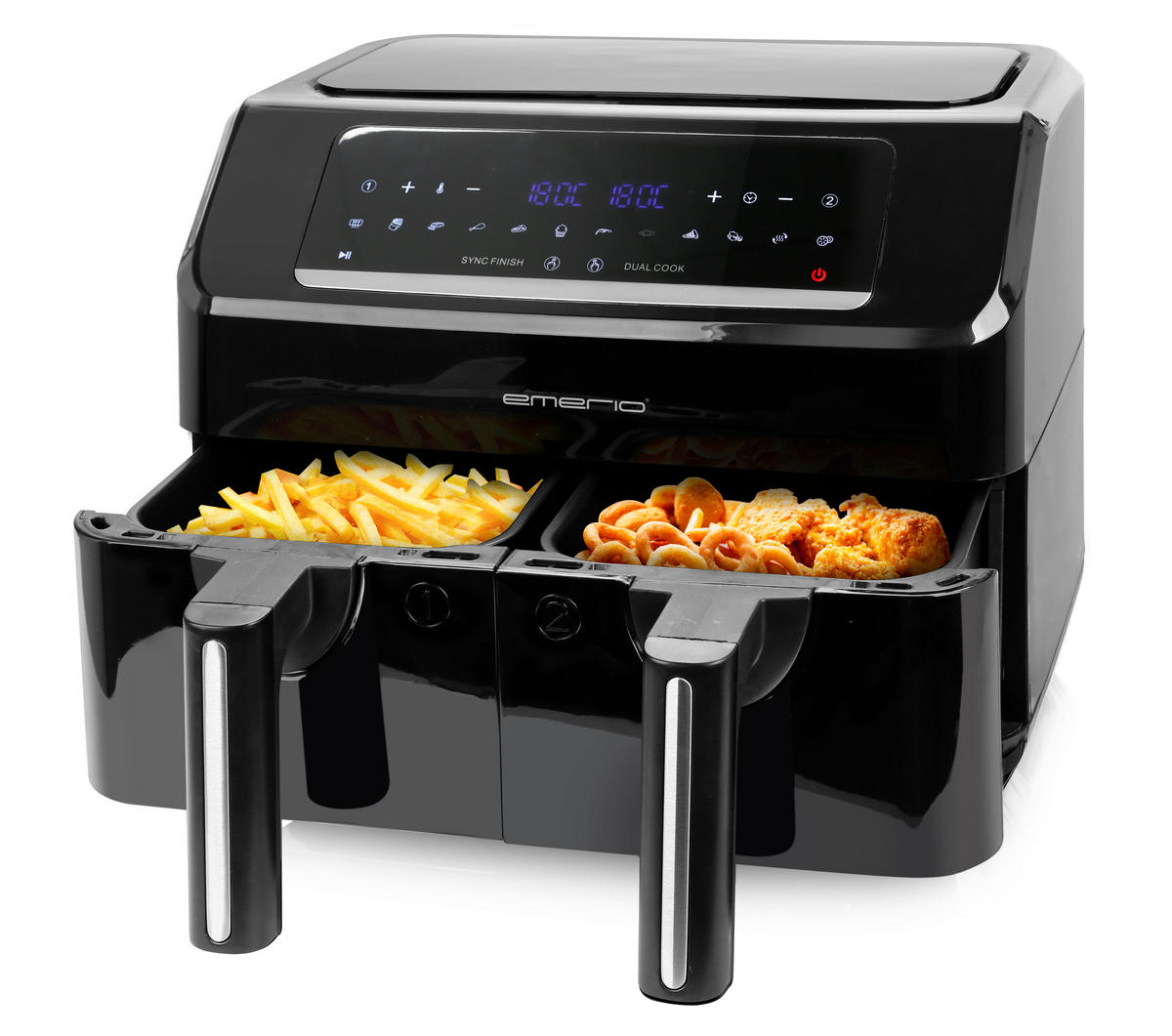 Emerio Heißluftfritteuse AF-130376.1 schwarz Kunststoff B/H/T: ca. 38x29,5x34,6 cm ca. 3,6 l Doppel-Heißluftfritteuse AF130376.1 - schwarz (38,00/29,50/34,60cm) - Emerio