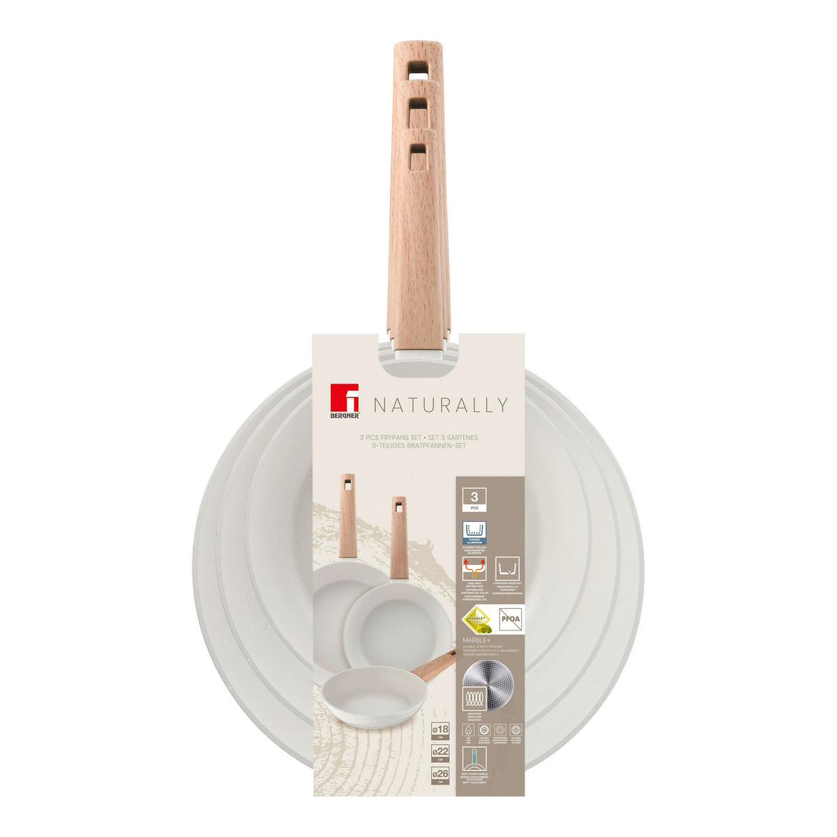 BERGNER Bratpfannen-Set NATURALLY weiß Alu NATURALLY - braun/weiß (45,80/27,00/14,00cm) - BERGNER