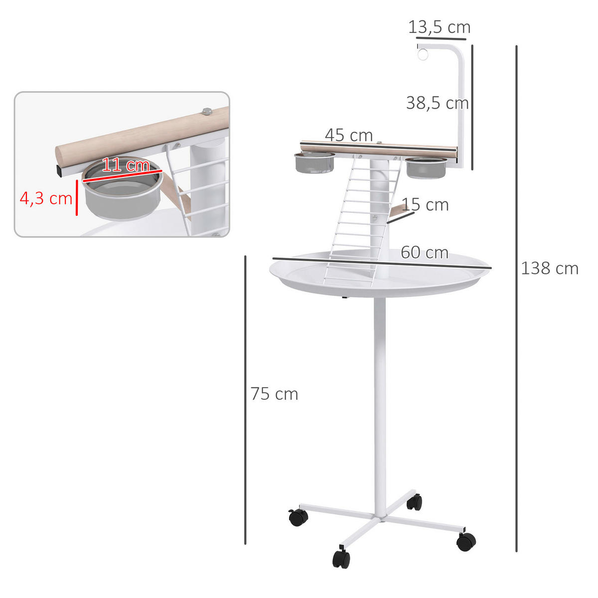 PawHut Vogelstange weiß Holz B/H/L: ca. 60x138x60 cm Vogelstange - weiß (60,00/60,00/138,00cm) - PawHut