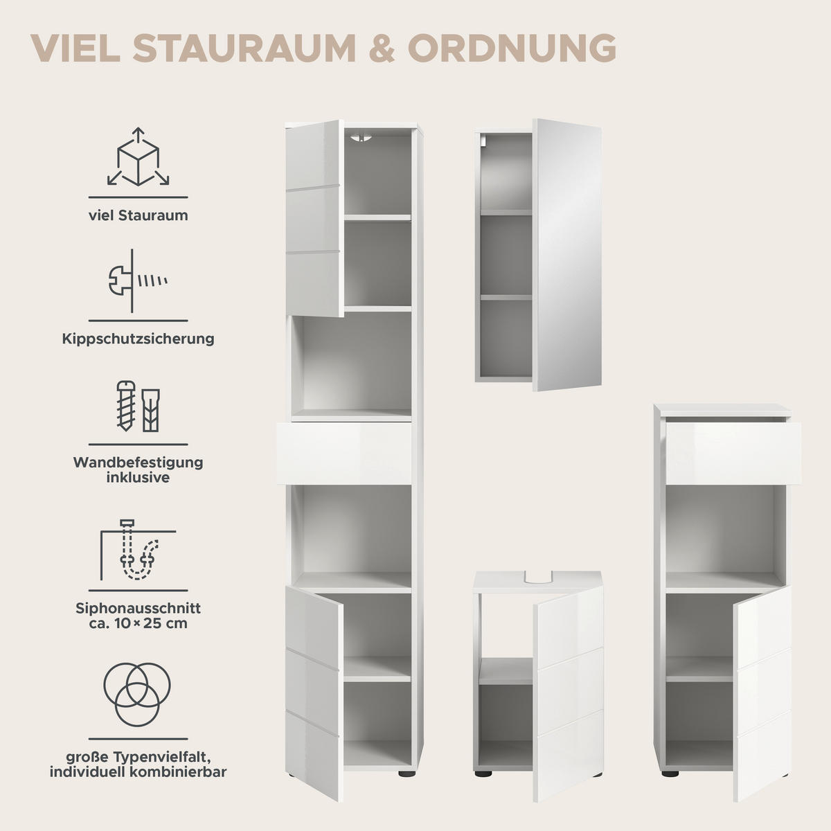 Badezimmer-Set VIRA weiß weiß Hochglanz B/H/T: ca. 144x190x34 cm VIRA - weiß (144,00/190,00/34,00cm) - xonox.home