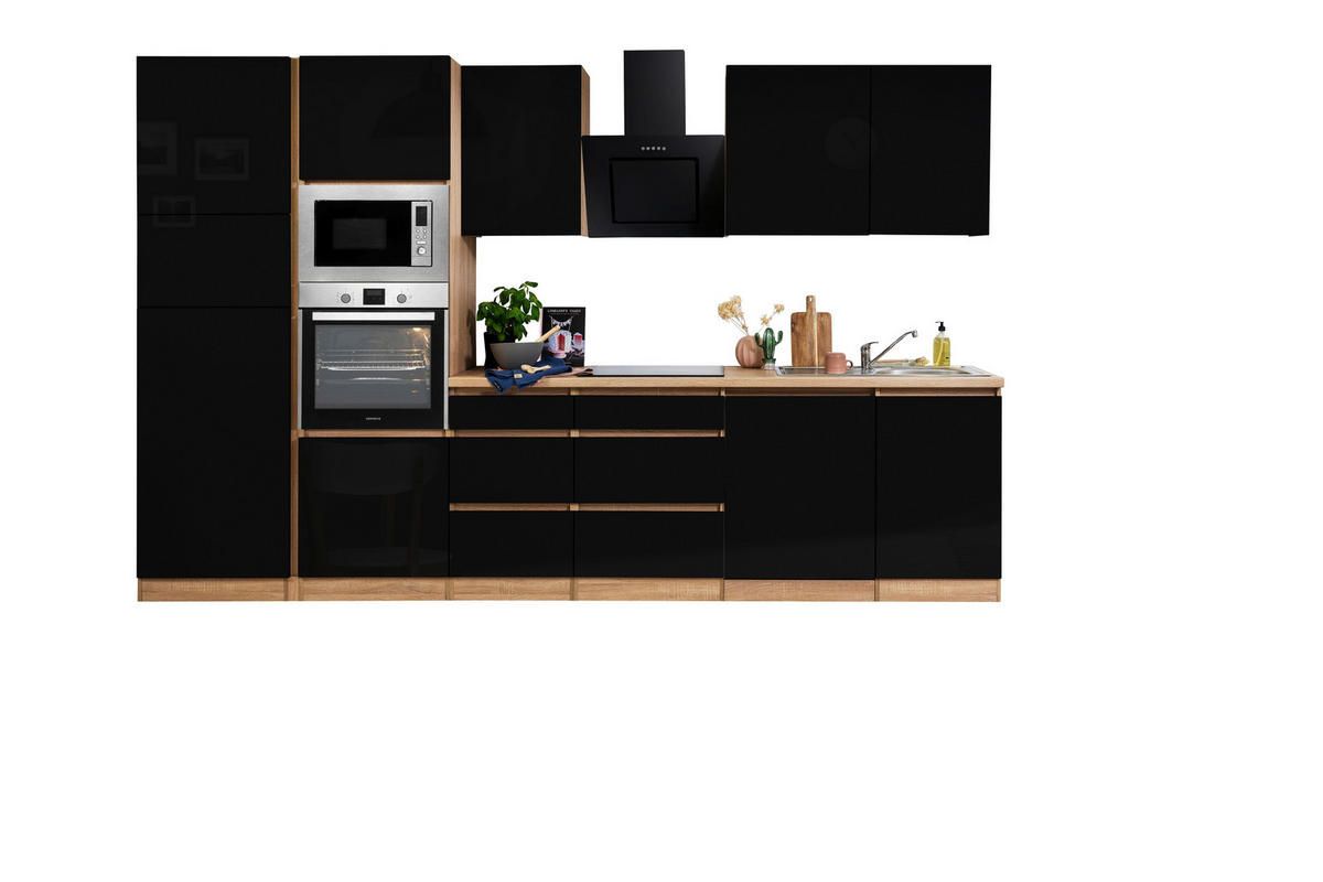 Respekta Küchenblock Premium schwarz hochglänzend B/H/T: ca. 345x220,5x60 cm Premium - Eiche/schwarz (345,00/220,50/60,00cm) - Respekta