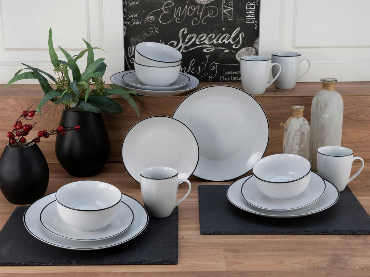 CreaTable Kombiservice Luna Black Line weiß Porzellan 16 tlg. Luna Black Line - weiß - CreaTable