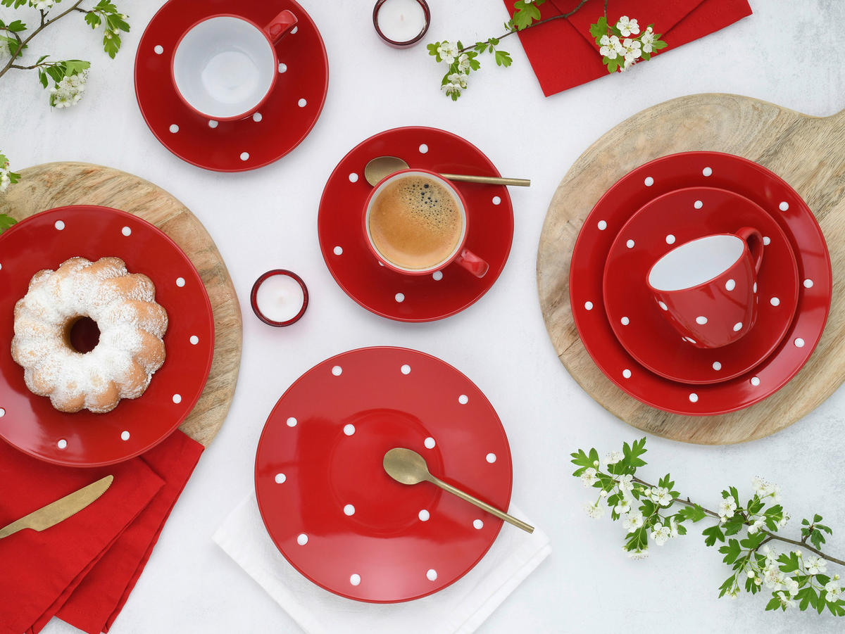 CreaTable Kaffeeservice Polka Dots weiß Steinzeug 18 tlg. Polka Dots - weiß/rot - CreaTable