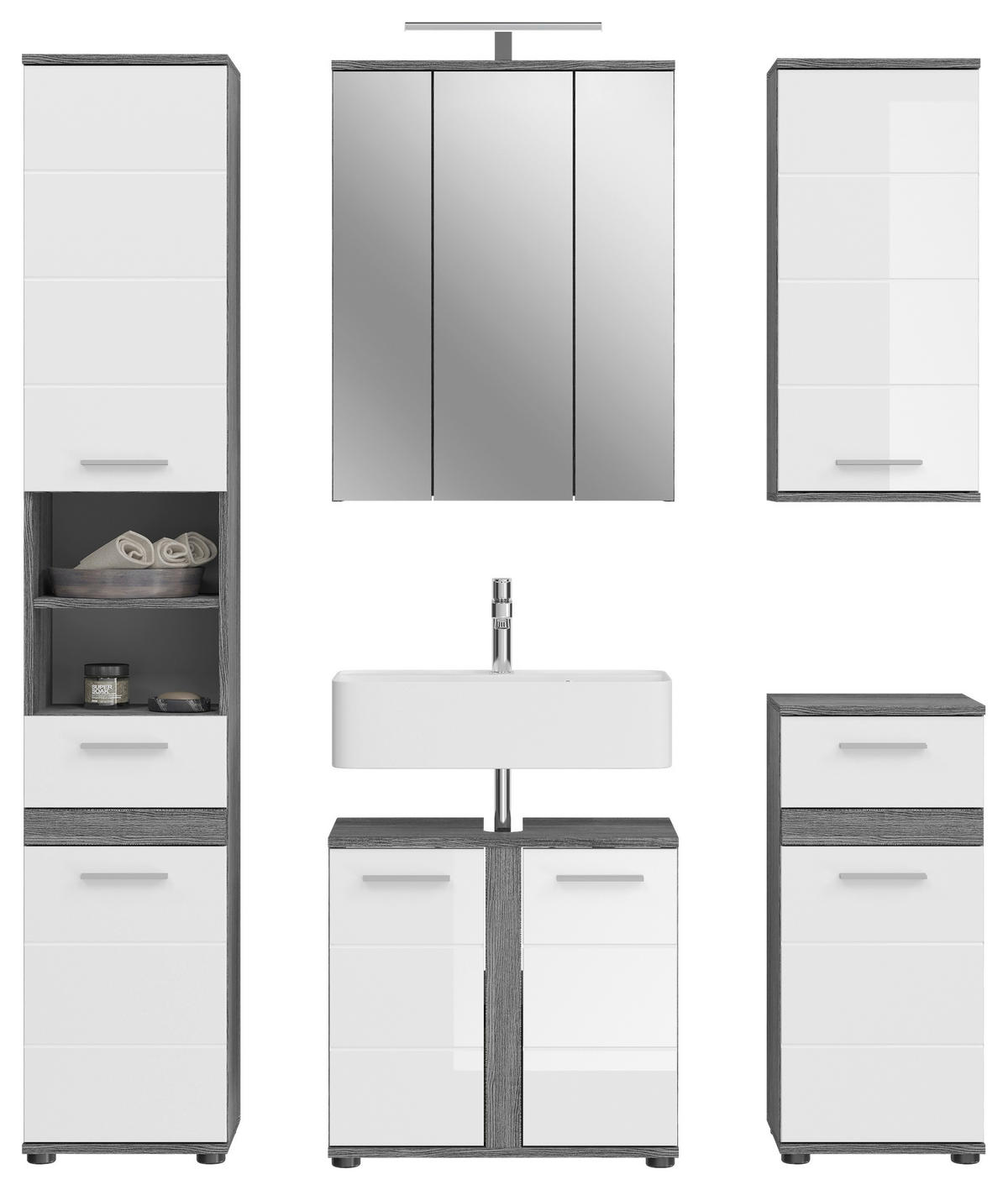 Badezimmer-Set BLAKE Rauchsilber Nachbildung weiß Hochglanz B/H/T: ca. 164x191x34 cm BLAKE - weiß (164,00/191,00/34,00cm) - xonox.home