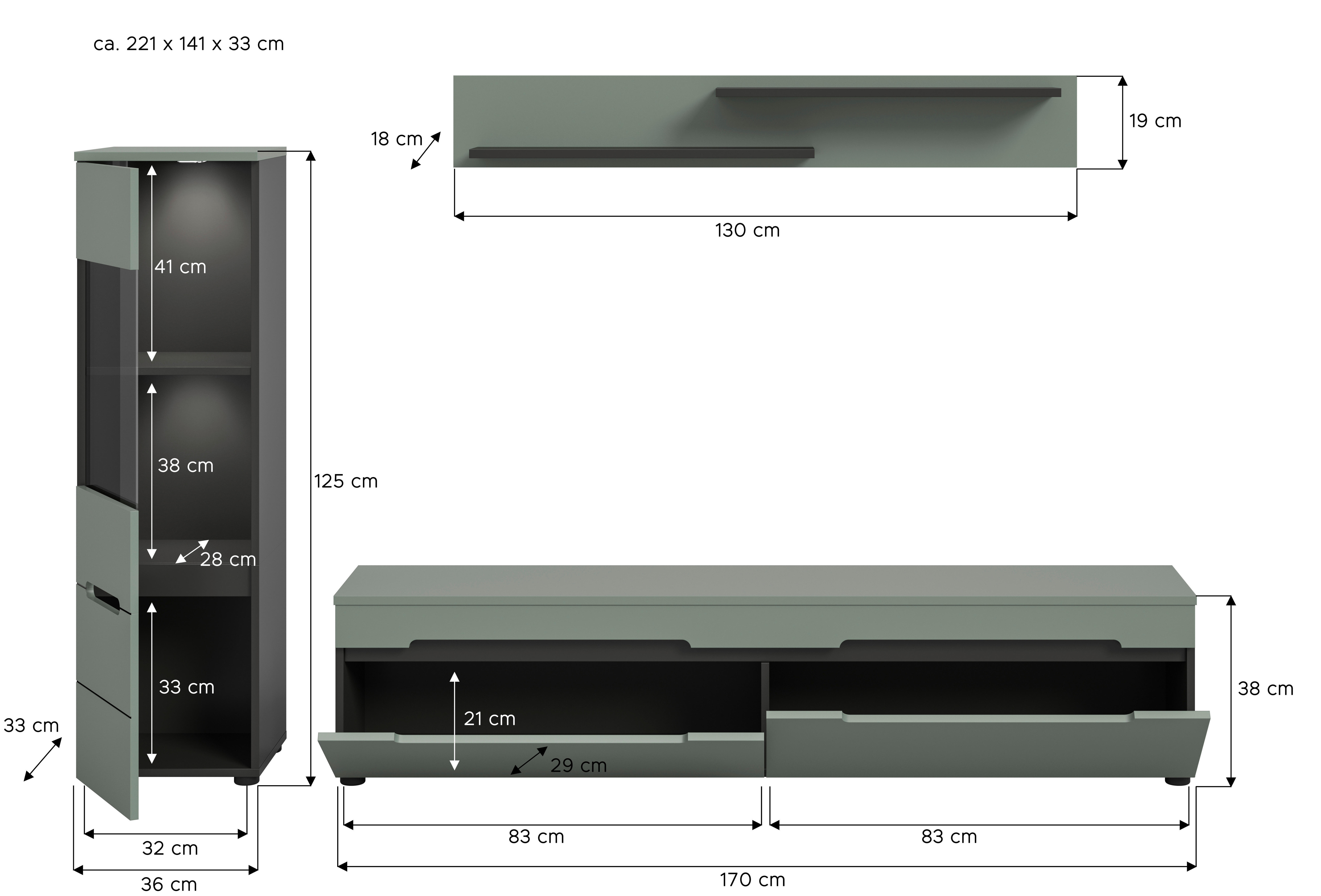 Wohnwand Canu grün basaltgrau Nachbildung B/H/T: ca. 221x141x33 cm Canu - basaltgrau/grün (221,00/141,00/33,00cm) - xonox.home