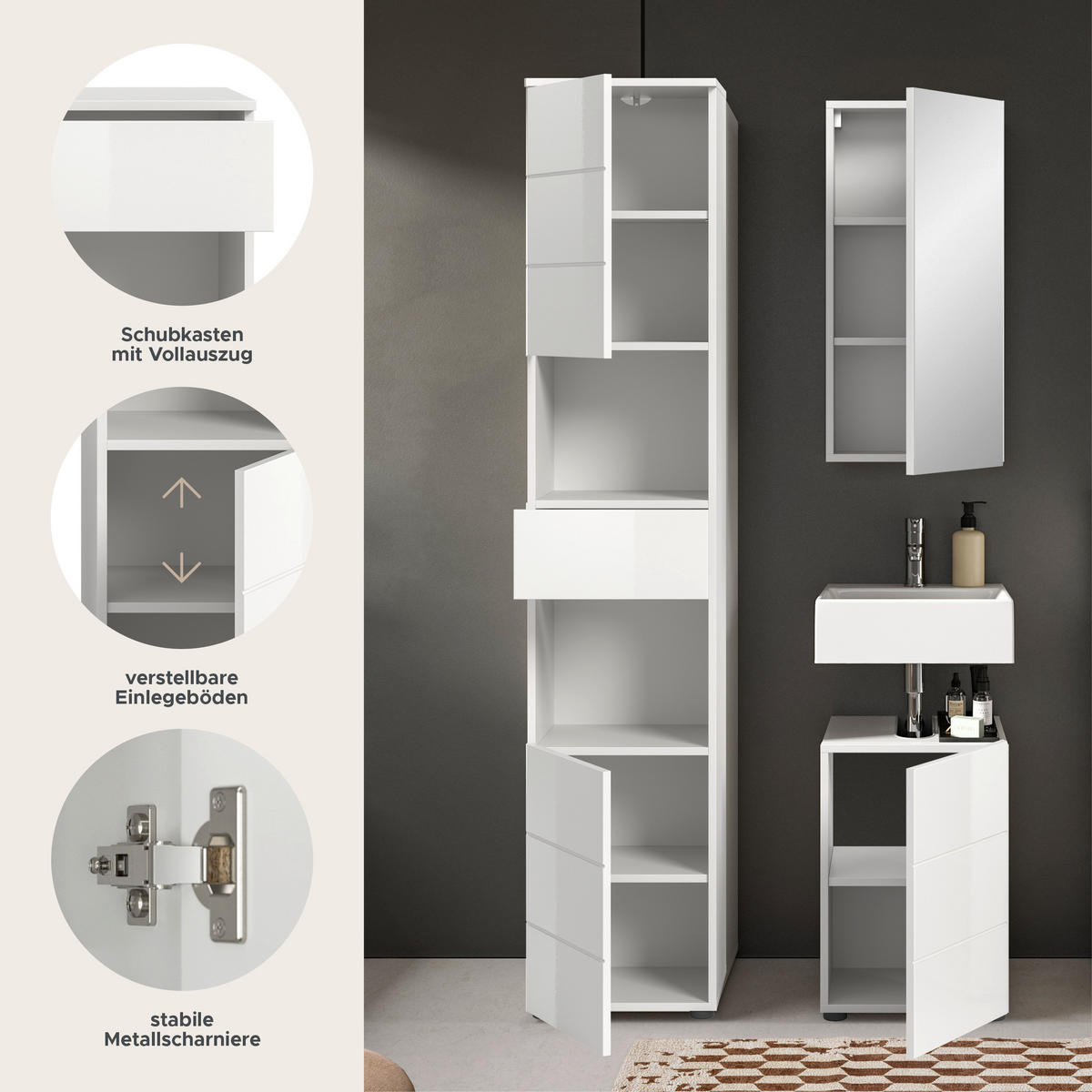 Badezimmer-Set VIRA weiß weiß Hochglanz B/H/T: ca. 91x190x34 cm VIRA - weiß (91,00/190,00/34,00cm) - xonox.home