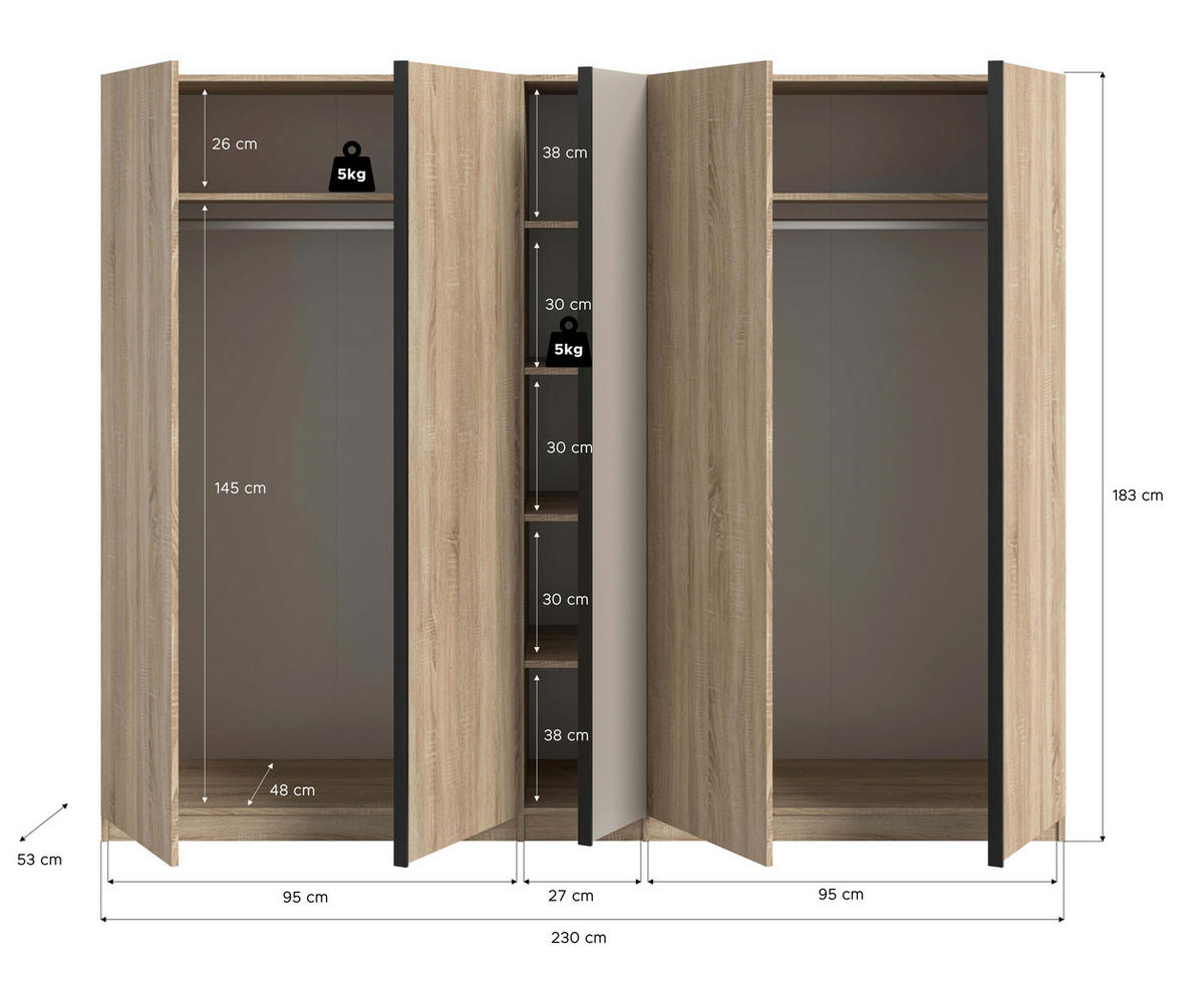 Kleiderschrank OAKLAND Eiche Sonoma Nachbildung Cashmere B/H/T: ca. 230x183x53 cm OAKLAND - Eiche/Cashmere (230,00/183,00/53,00cm) - xonox.home
