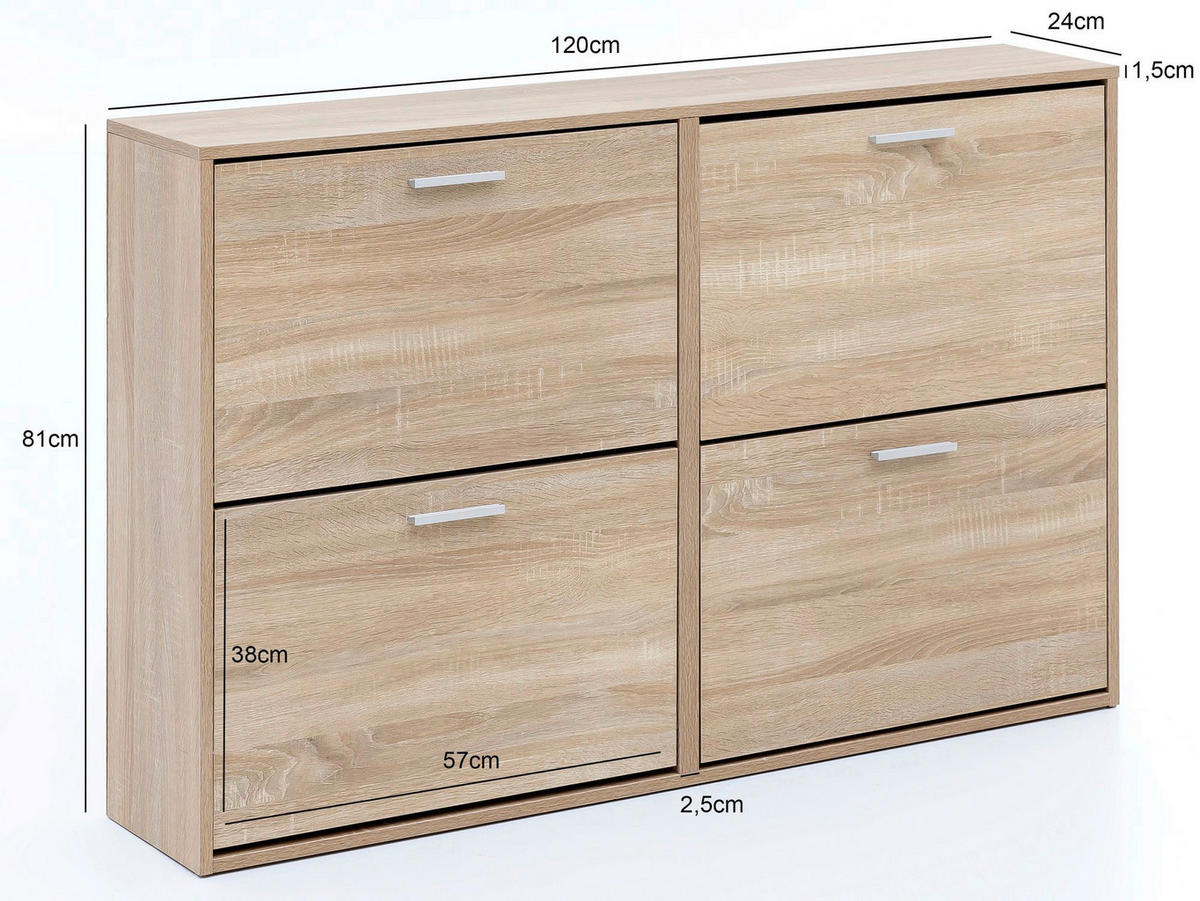 Schuhschrank Eiche Sonoma Nachbildung silber B/H/T: ca. 120x81x24 cm Schuhschrank - Eiche/silber (120,00/81,00/24,00cm) - Wohnling