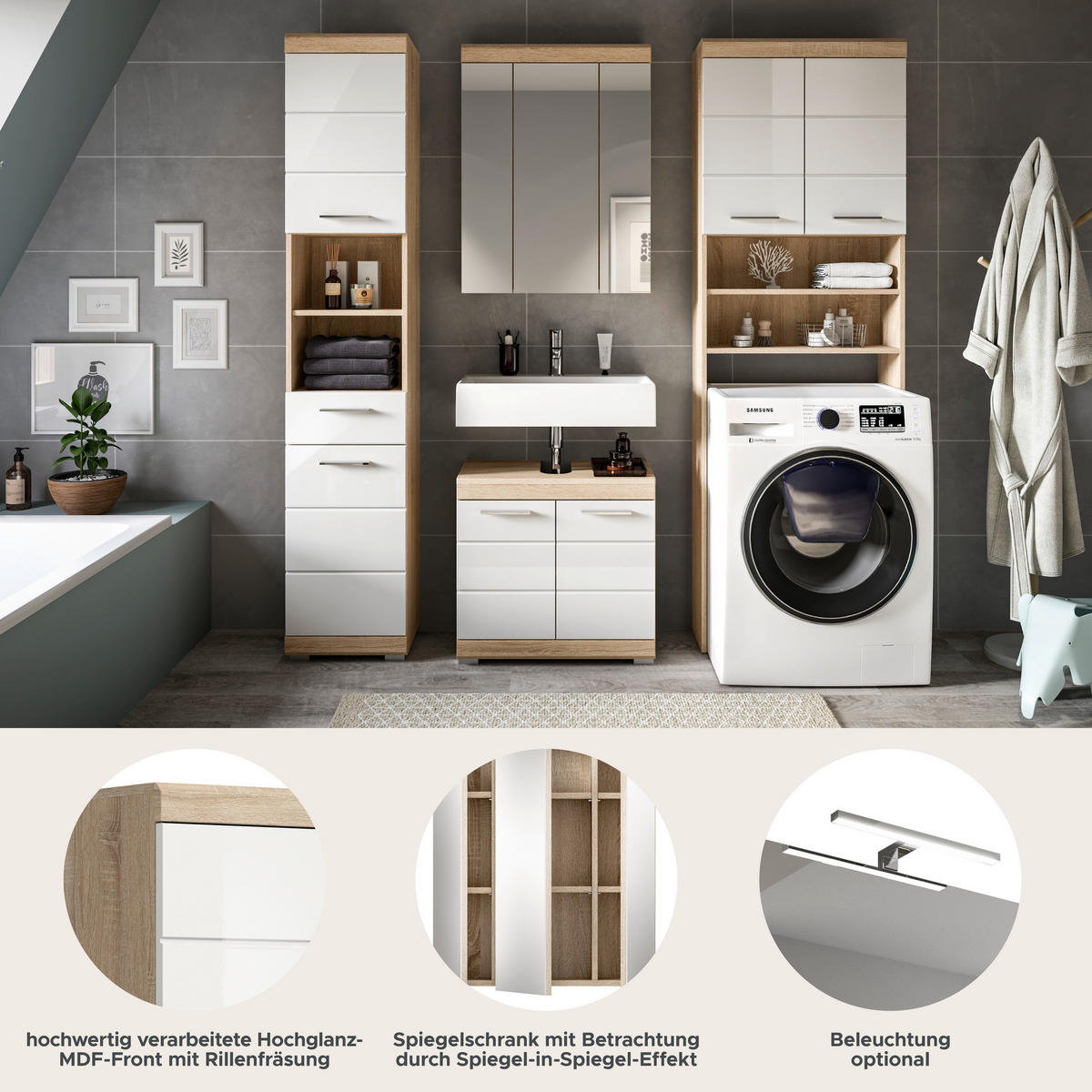 Badezimmer-Set Lambada Eiche Sonoma Nachbildung weiß Hochglanz B/H/T: ca. 190x191x34 cm Lambada - Eiche/weiß (190,00/191,00/34,00cm) - xonox.home
