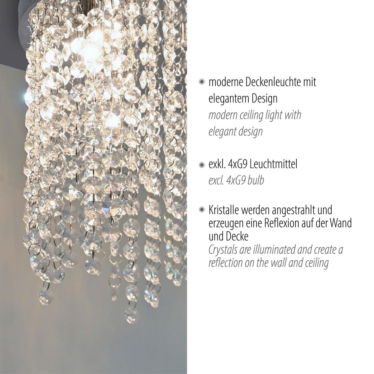 Just Light LED-Kronleuchter Chrom B/H/L: ca. 30x22x30 cm 4 Brennstellen LED-Deckenleuchte_Kulunka - Chrom (30,00/30,00/22,00cm) - Just Light