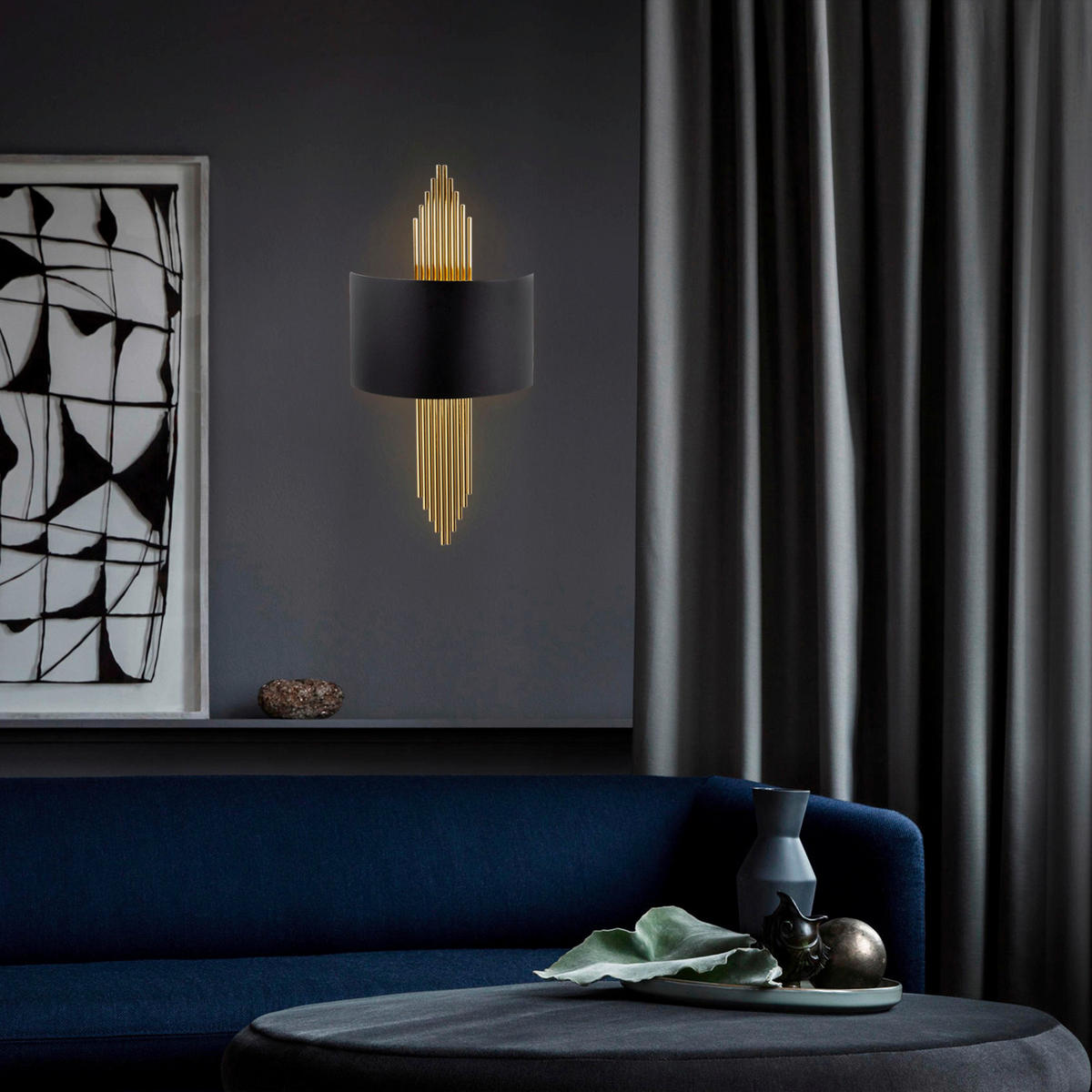 Opviq Wandleuchte Ringel gold schwarz Metall B/H/T/L: ca. 10x22x10x75 cm E27 1 Brennstellen Ringel - gold/schwarz (75,00/10,00/22,00cm) - Opviq