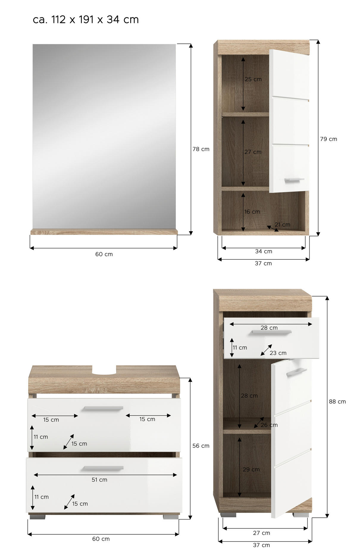 Badezimmer-Set Lambada Eiche Sonoma Nachbildung weiß Hochglanz B/H/T: ca. 112x191x37 cm Lambada - Eiche/weiß (112,00/191,00/37,00cm) - xonox.home