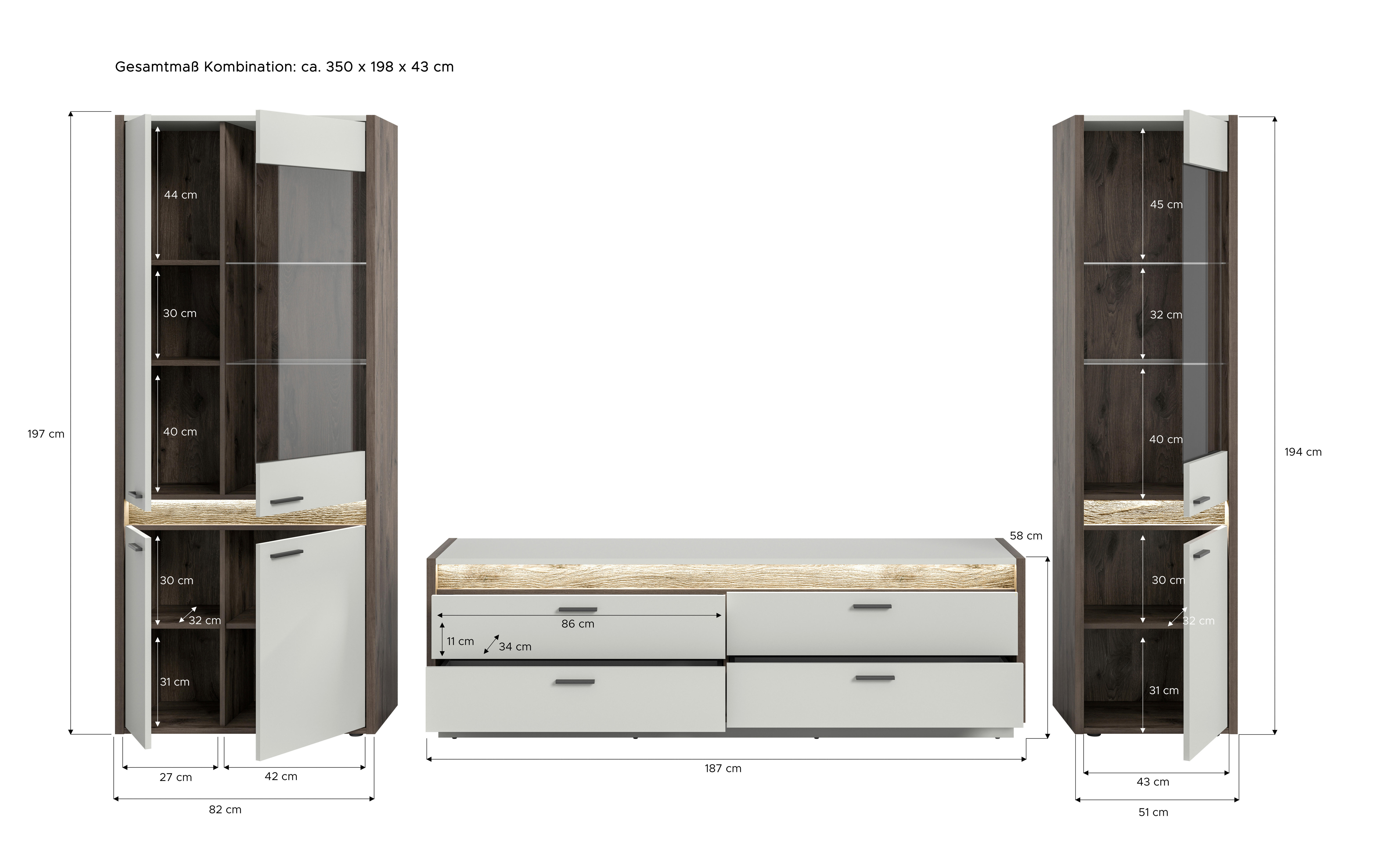 Wohnwand Falcona Nox Oak Nachbildung hellgrau B/H/T: ca. 350x198x43 cm Falcona - hellgrau (350,00/198,00/43,00cm) - xonox.home