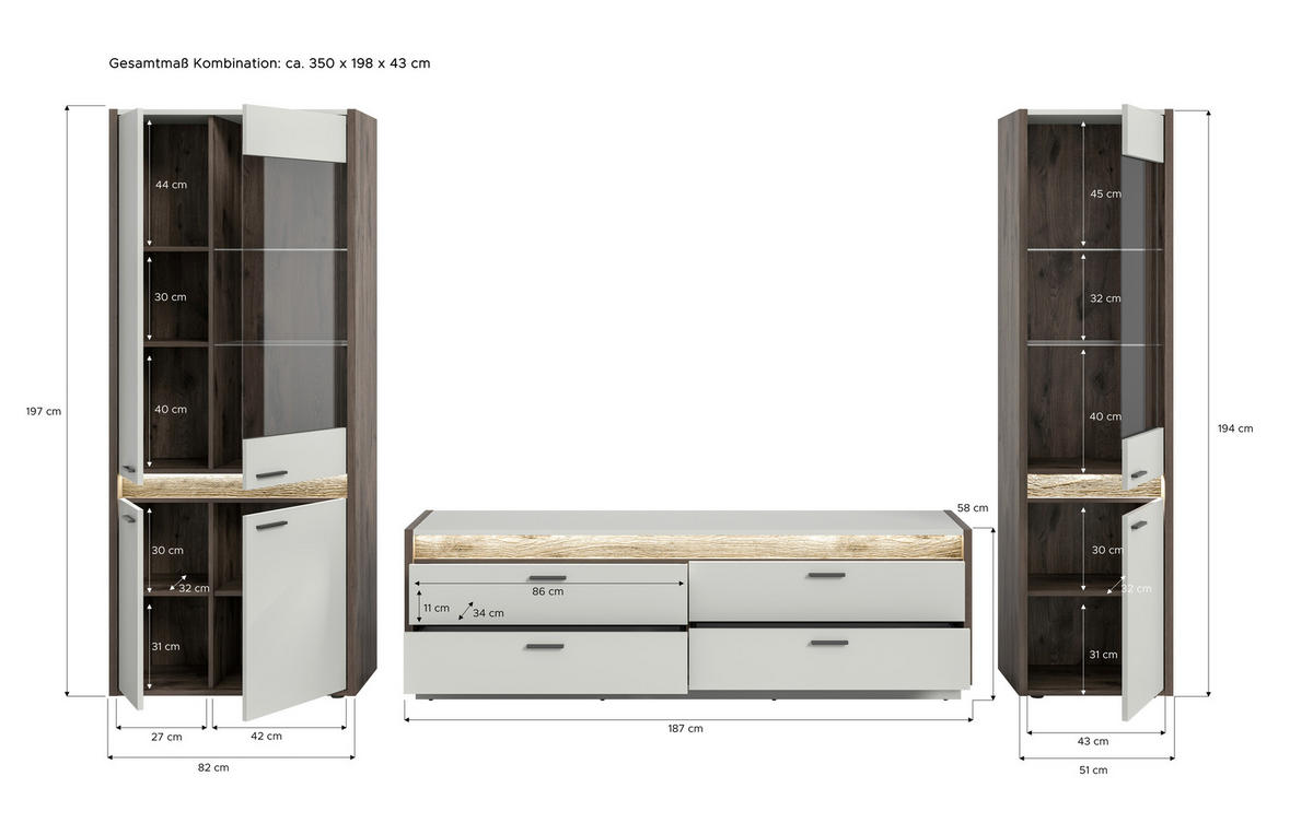 Wohnwand Falcona Nox Oak Nachbildung hellgrau B/H/T: ca. 350x198x43 cm Falcona - hellgrau (350,00/198,00/43,00cm) - xonox.home
