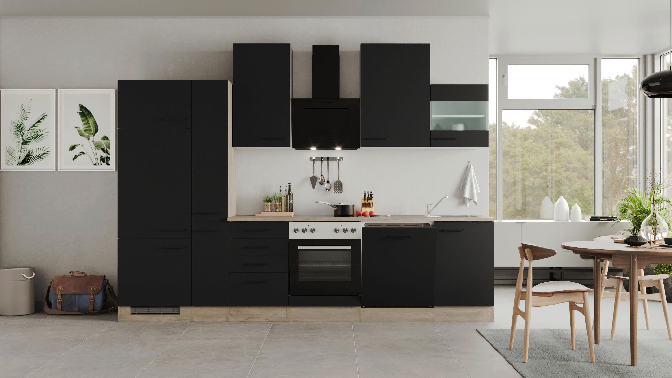 Küchenblock Capri schwarz matt B/H/T: ca. 310x234x60 cm Capri - schwarz/Oak (310,00/234,00/60,00cm) - Flex-Well