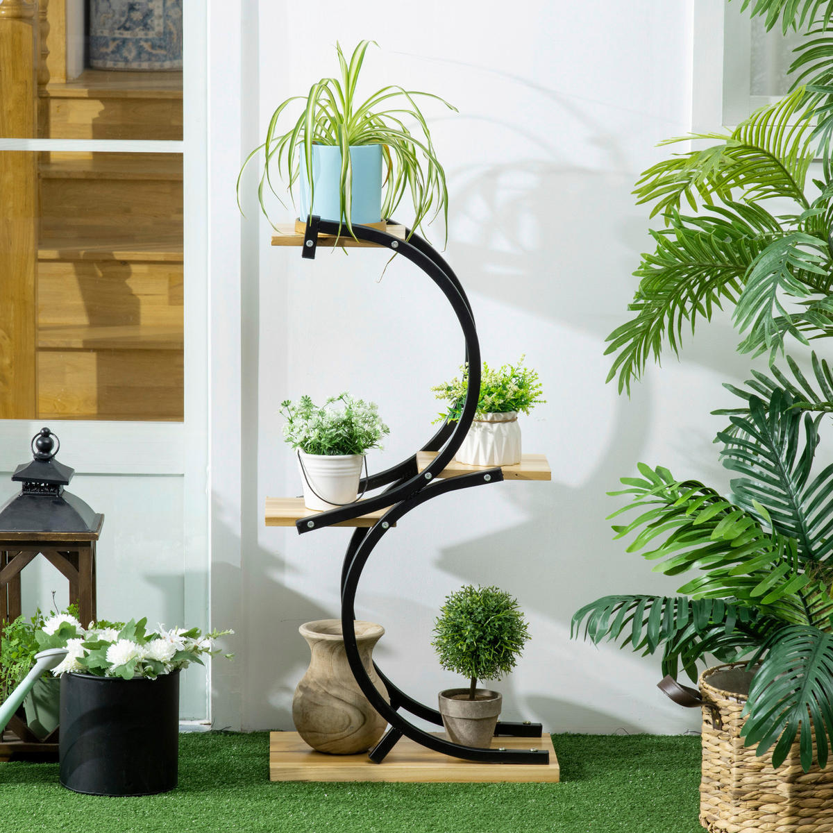 Outsunny Blumenständer natur Holz B/H/L: ca. 25x91x46 cm Blumenständer - natur/schwarz (46,00/25,00/91,00cm) - Outsunny