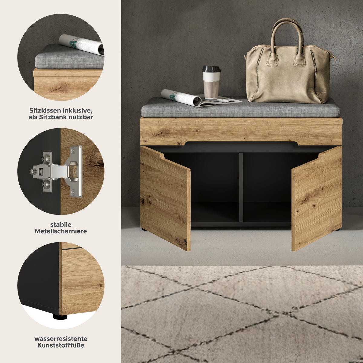 Sitzbank Canu basaltgrau Nachbildung Artisan Nachbildung B/H/T: ca. 80x45x37 cm Canu - basaltgrau (80,00/45,00/37,00cm) - xonox.home