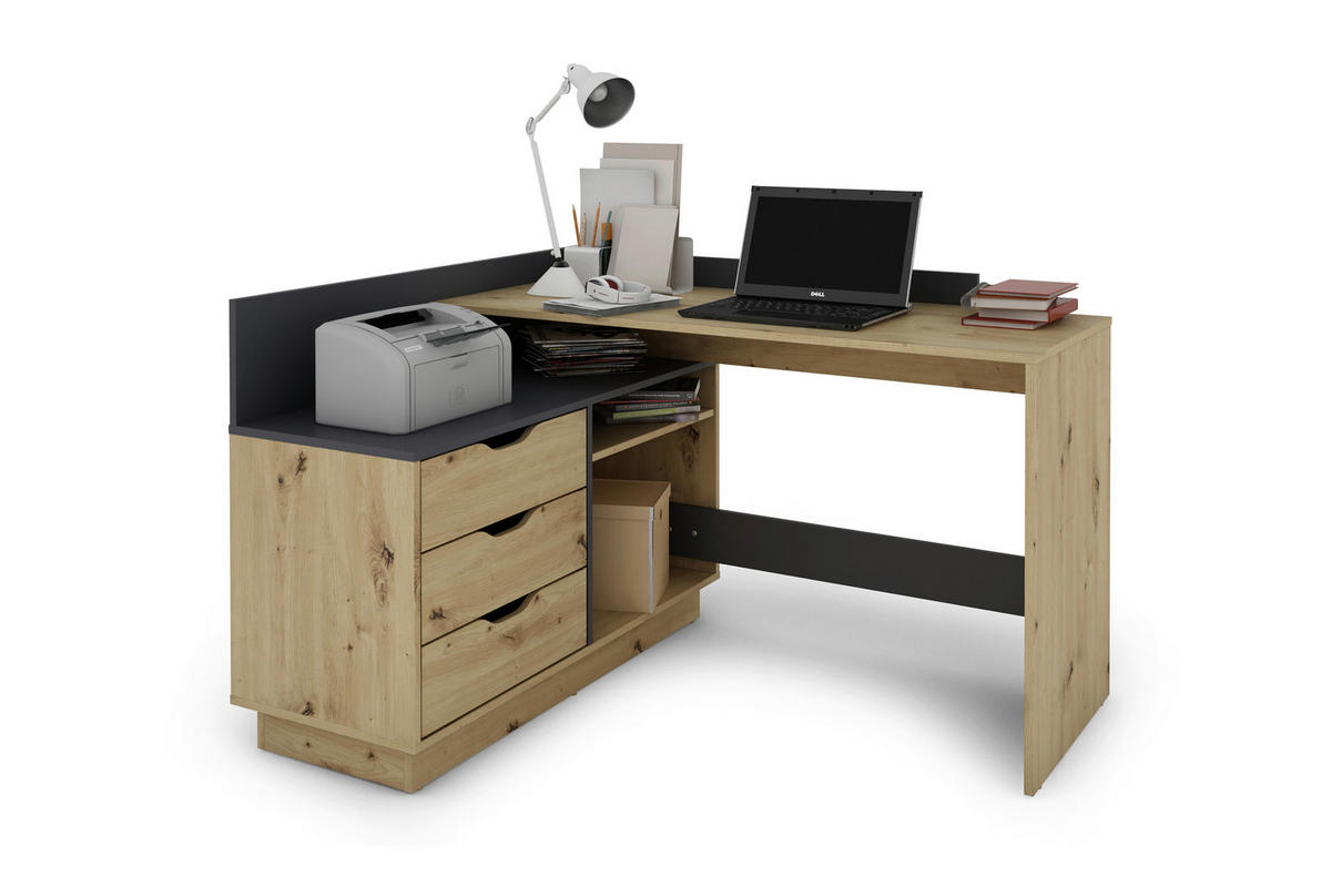 Winkelschreibtisch BELFAST anthrazit Eiche Nachbildung B/H/T: ca. 129x83,5x105 cm BELFAST - Eiche/anthrazit (129,00/83,50/105,00cm) - byLIVING