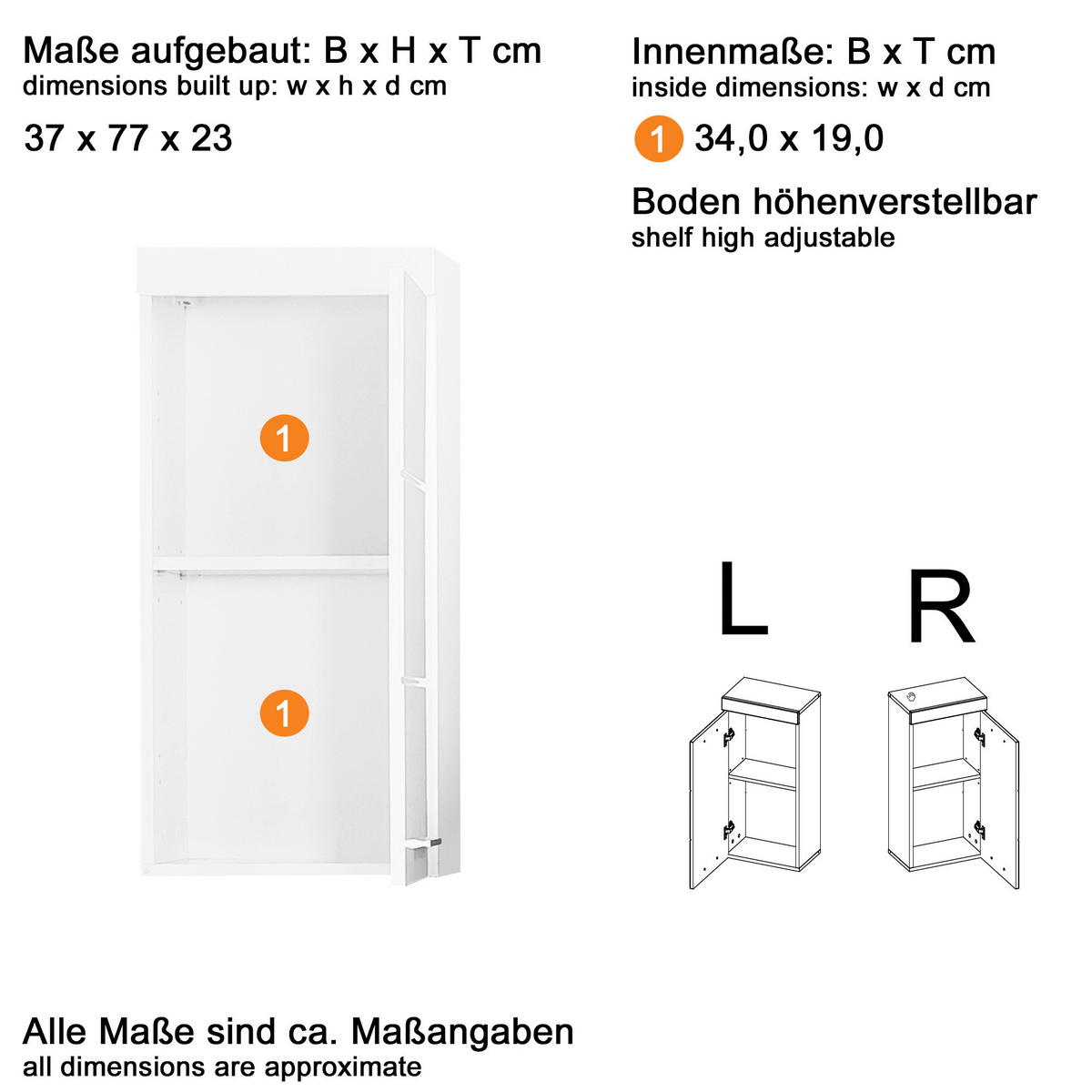 Stauraumelement Amanda weiß Hochglanz Asteiche Nachbildung B/H/T: ca. 37x77x23 cm Amanda - weiß (37,00/77,00/23,00cm) - Trendteam
