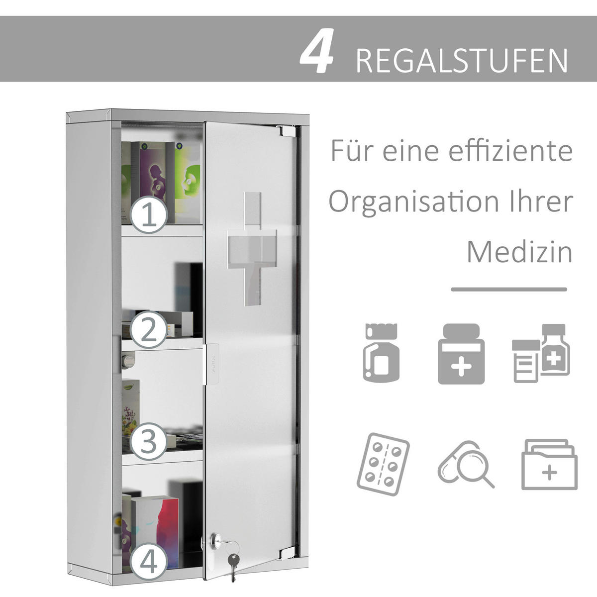 HOMCOM Medizinschrank silber Glas B/H/L: ca. 12x30x60 cm Medizinschrank - silber (60,00/12,00/30,00cm) - HOMCOM