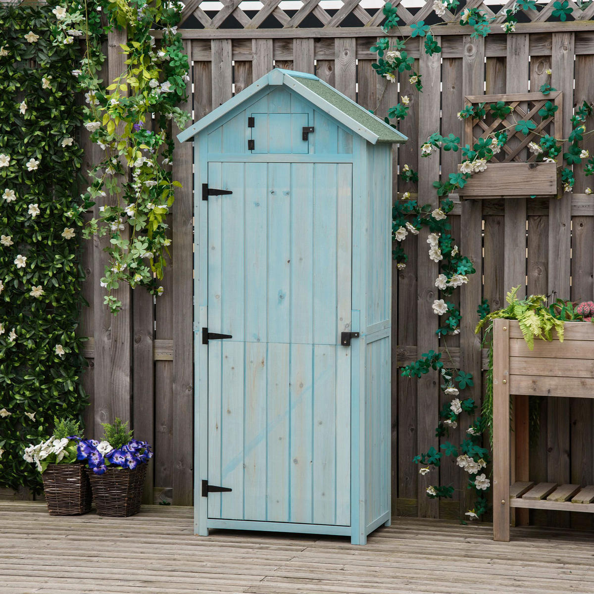 Outsunny Gartenhaus hellblau B/H/L: ca. 54x179x77 cm Gartenhaus mit Regalböden - hellblau/grün (77,00/54,00/179,00cm) - Outsunny