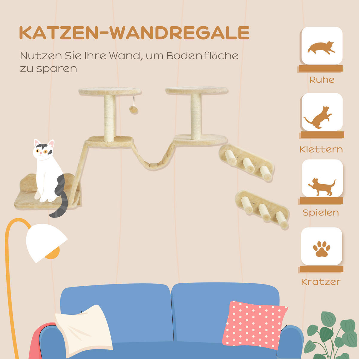 PawHut Katzen Kletterwand Set beige Spanplatte B/H/L: ca. 38,5x83x158 cm Katzen Kletterwand Set - beige (158,00/38,50/83,00cm) - PawHut