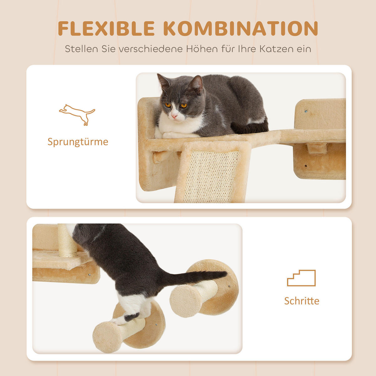 PawHut Katzen Kletterwand Set beige Plüsch B/H/L: ca. 56x73x110 cm Katzen Kletterwand Set - beige (110,00/56,00/73,00cm) - PawHut