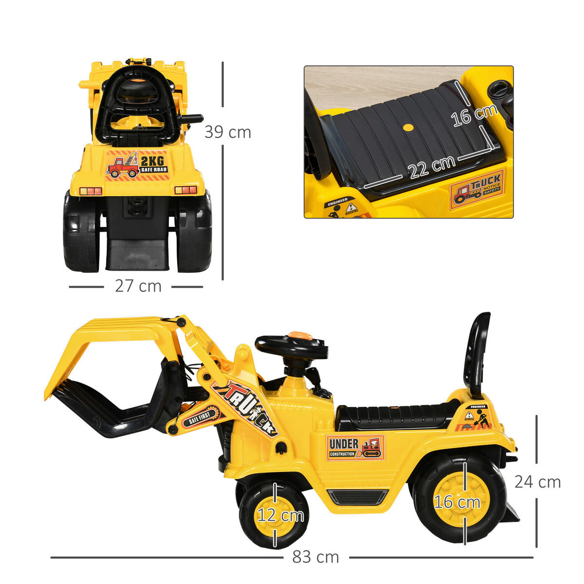 HOMCOM Kinder-Fahrzeug gelb B/H/L: ca. 27x83x39 cm Sitzbagger - gelb/schwarz (39,00/27,00/83,00cm) - HOMCOM