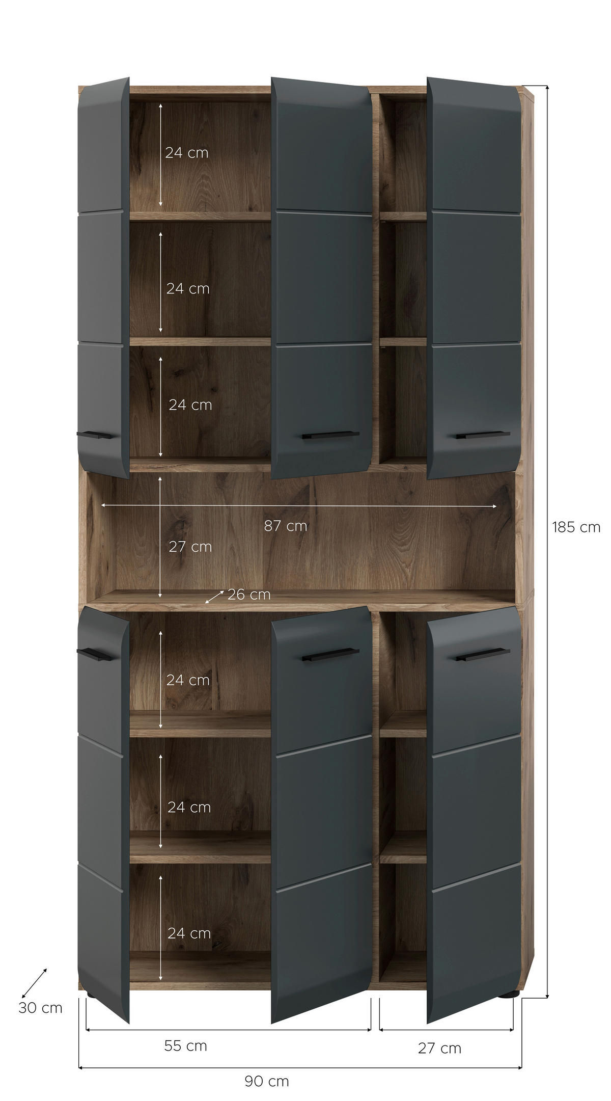 Mehrzweckschrank Ice Nox Oak Nachbildung schwarz matt B/H/T: ca. 90x185x30 cm Ice - schwarz (90,00/185,00/30,00cm) - xonox.home