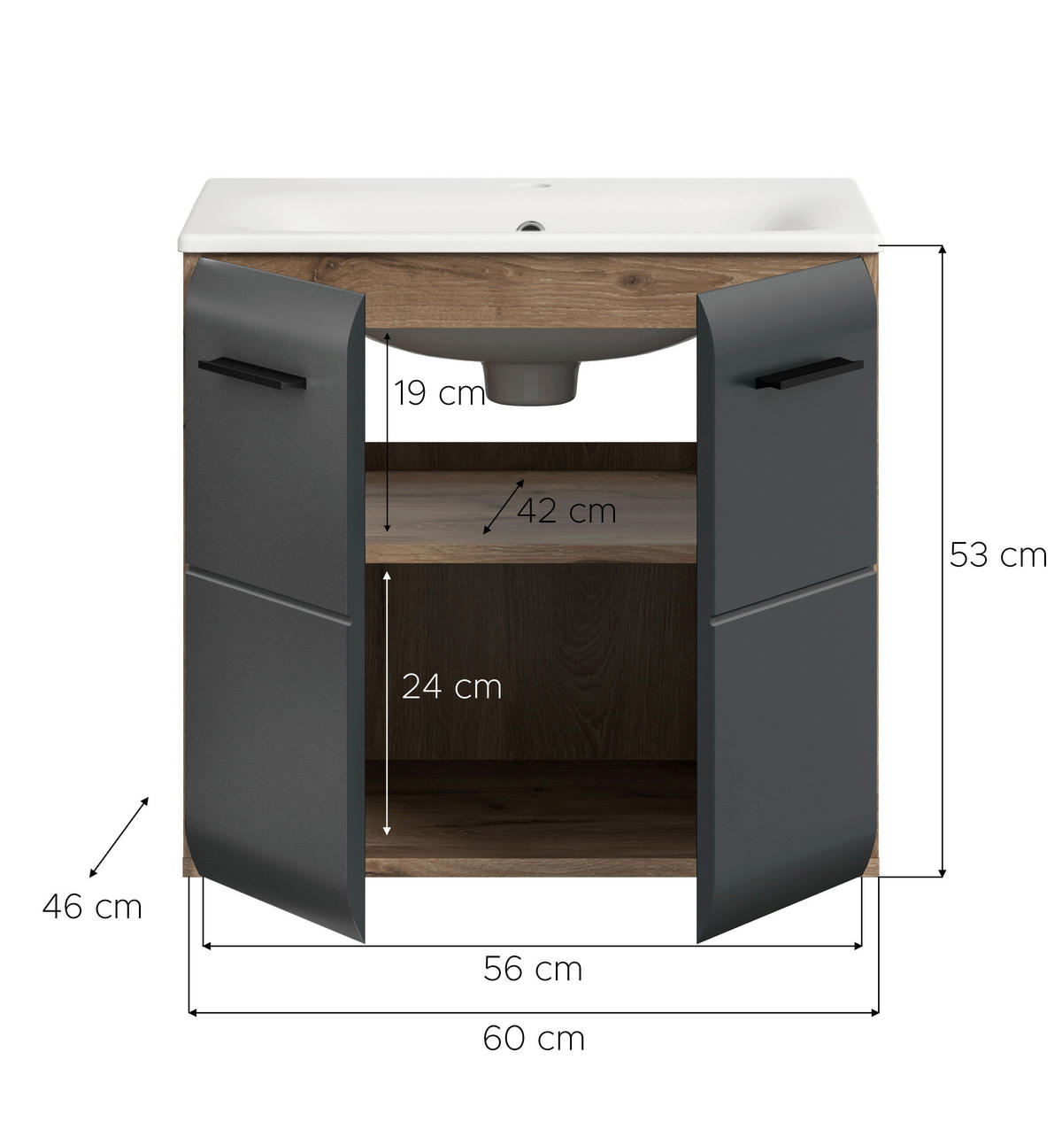 Waschplatz Ice Nox Oak Nachbildung schwarz matt B/H/T: ca. 60x55x46 cm Ice - schwarz (60,00/55,00/46,00cm) - xonox.home