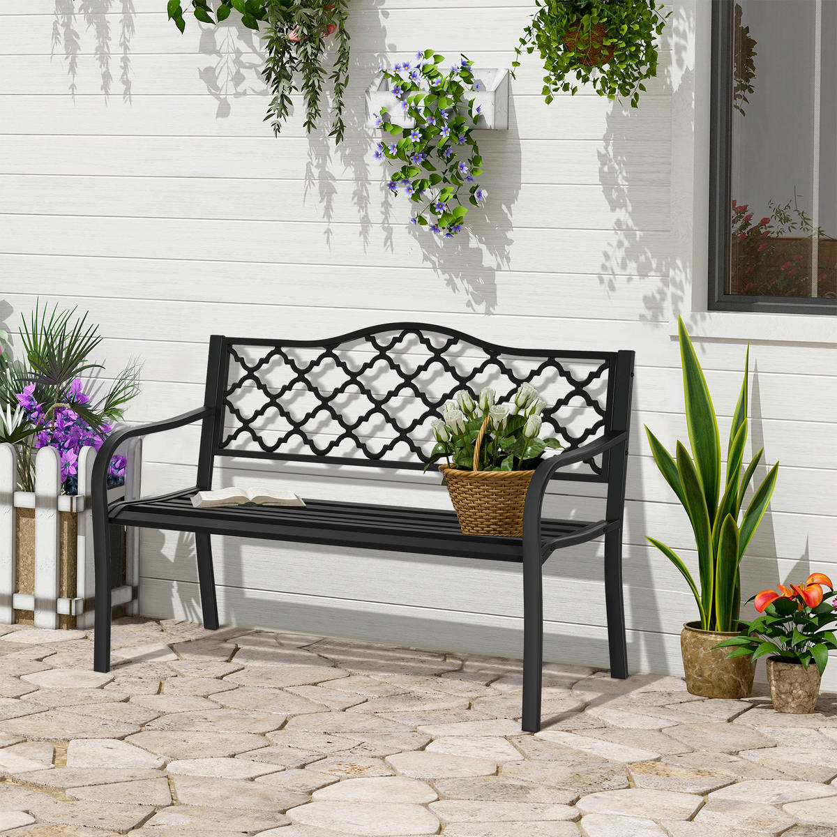 Outsunny Gartenbank schwarz Eisen B/H/L: ca. 58,5x89x128 cm Gartenbank - schwarz (128,00/58,50/89,00cm) - Outsunny