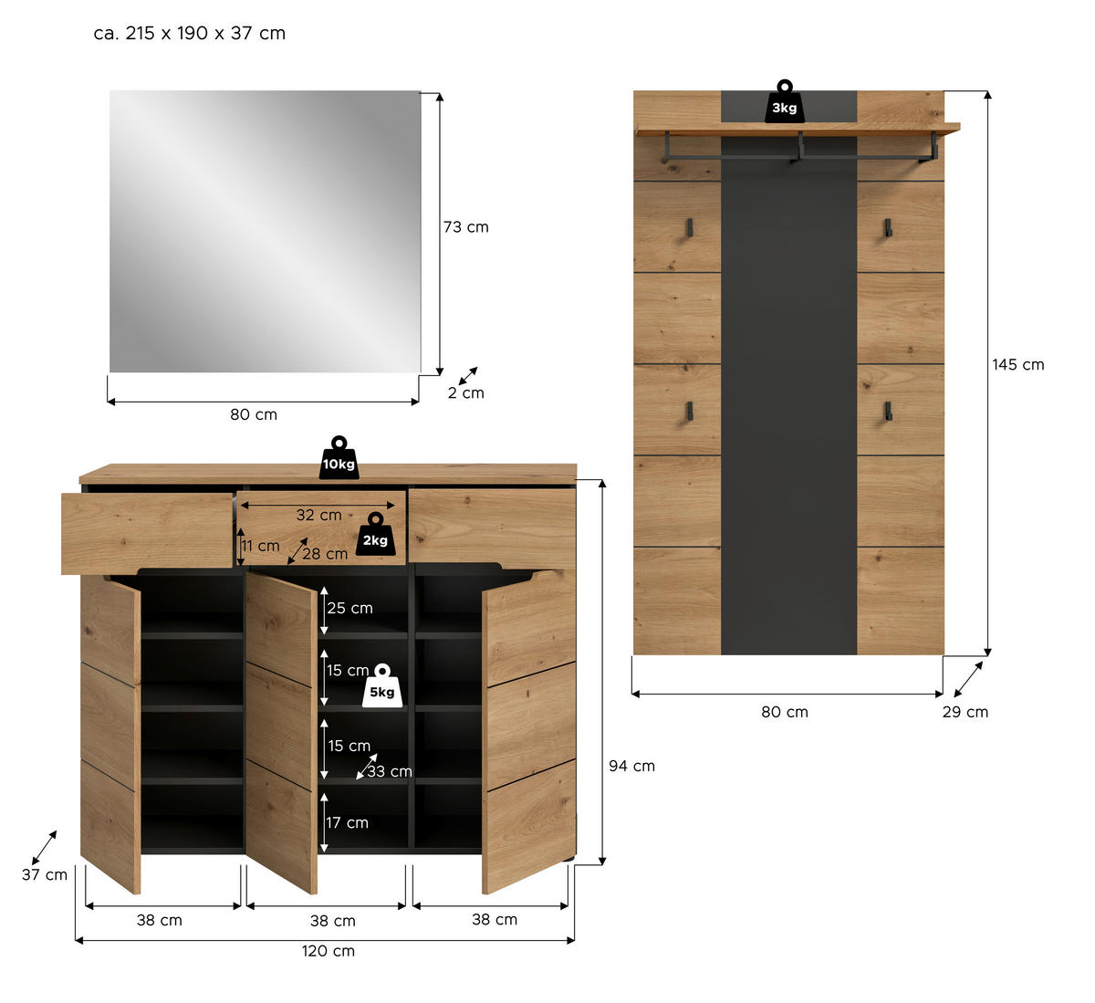 Garderobe Canu basaltgrau Nachbildung Artisan Nachbildung B/H/T: ca. 215x190x37 cm Canu - basaltgrau (215,00/190,00/37,00cm) - xonox.home